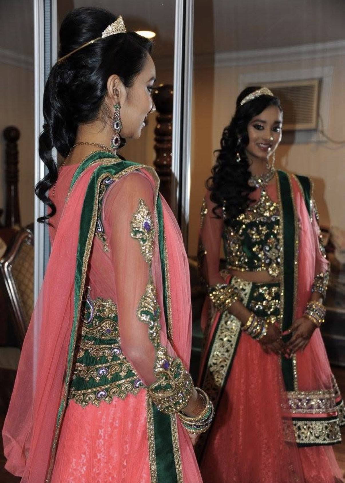 Coral Pink and Green Lehenga Image - 3