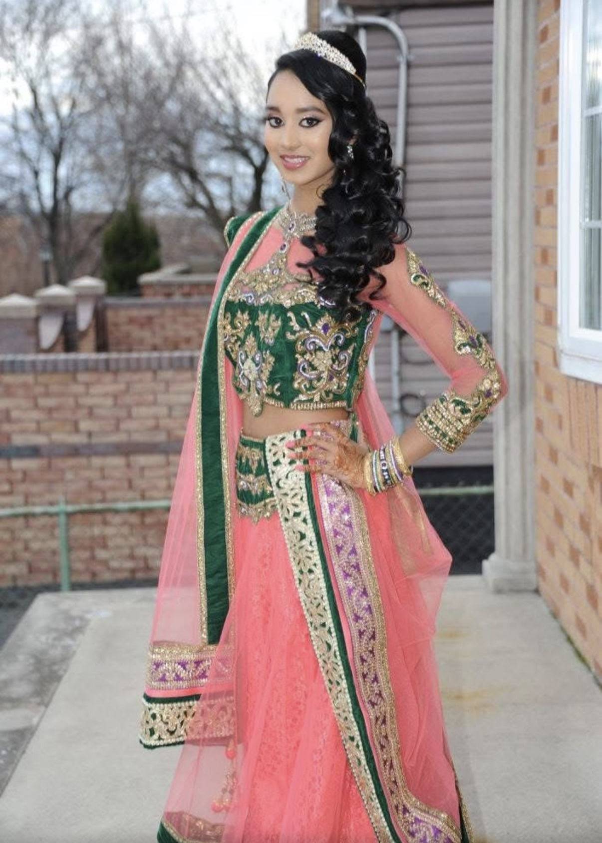 Coral Pink and Green Lehenga Image - 1