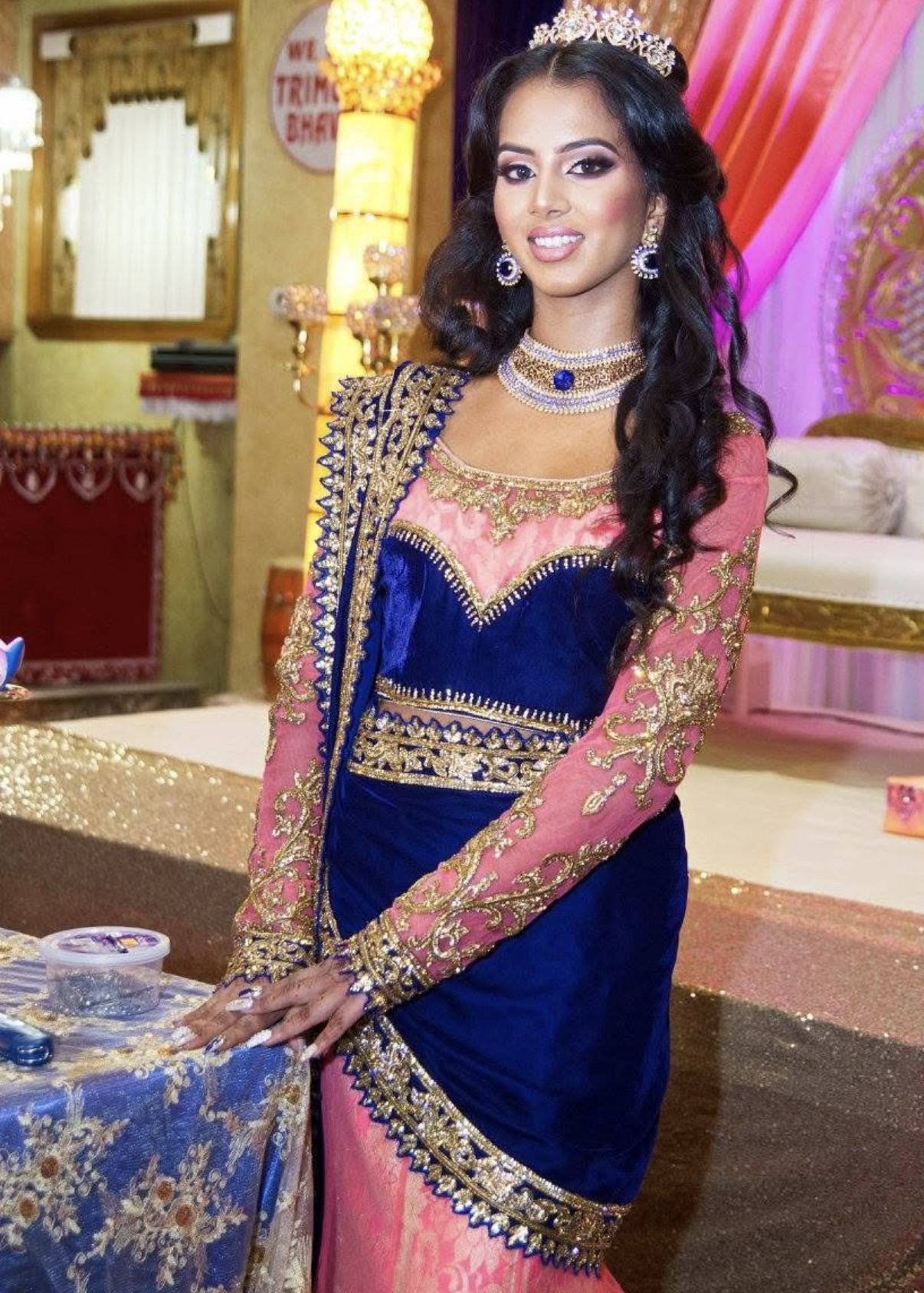 Navy and Pink Velvet Lehenga Sari Image - 1