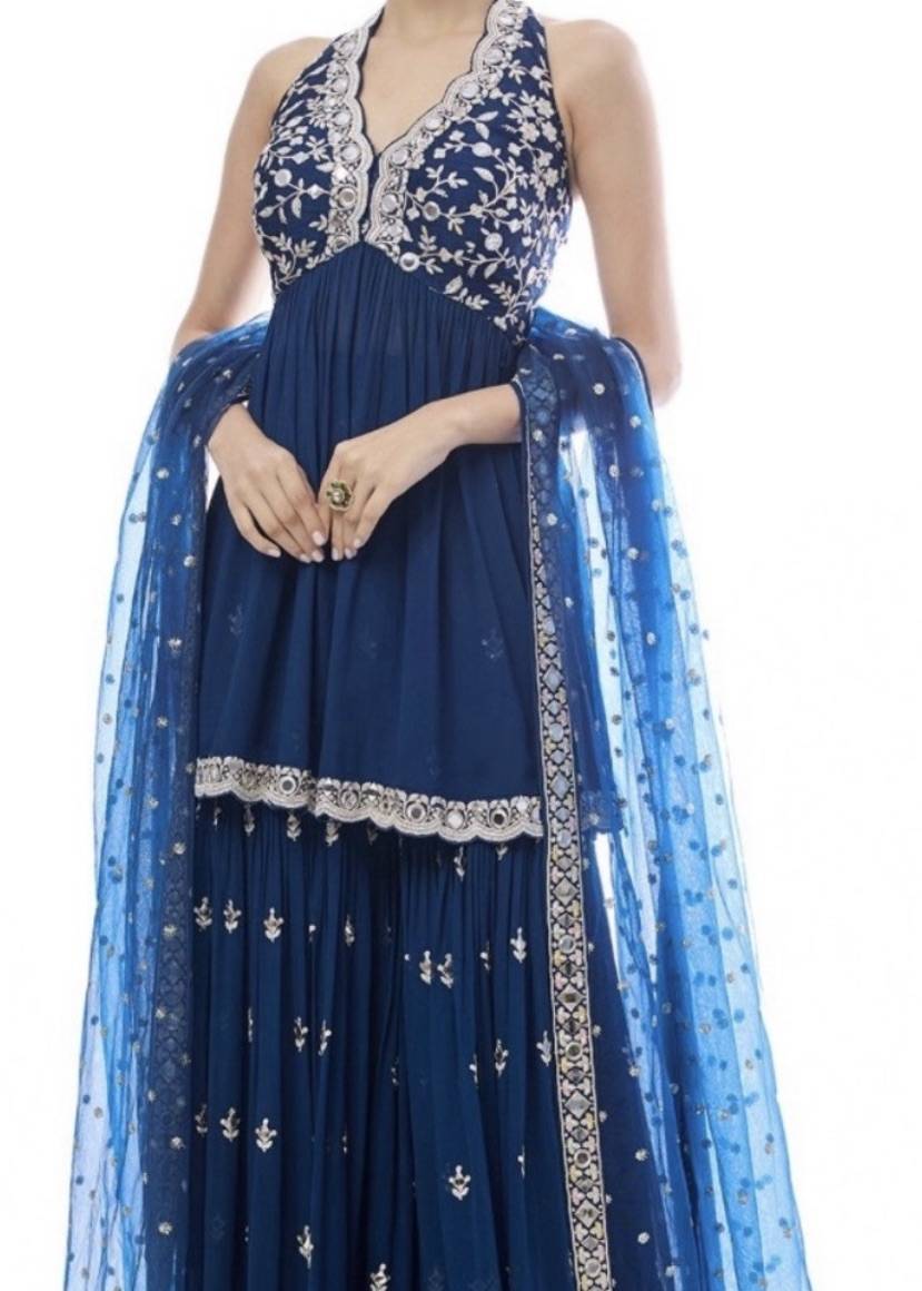 Navy Mirrorwork Sharara Set Image - 3