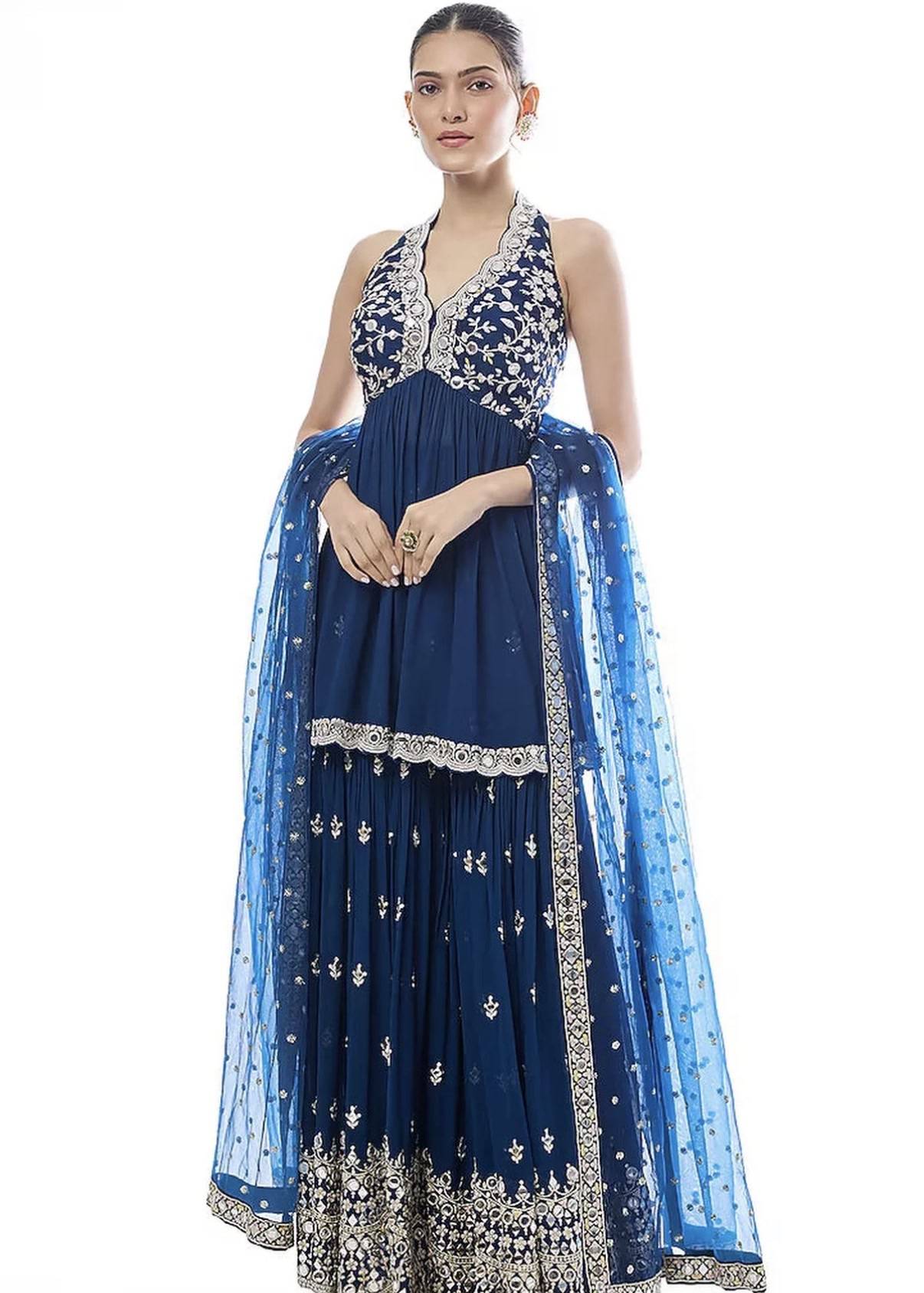 Navy Mirrorwork Sharara Set Image - 0