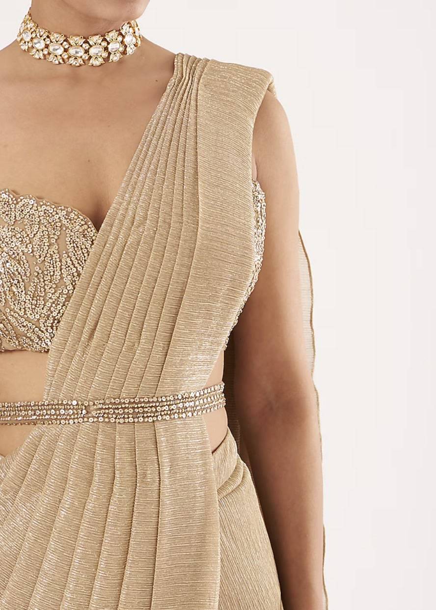 Gold Metallic Pre-Draped Sari Image - 3