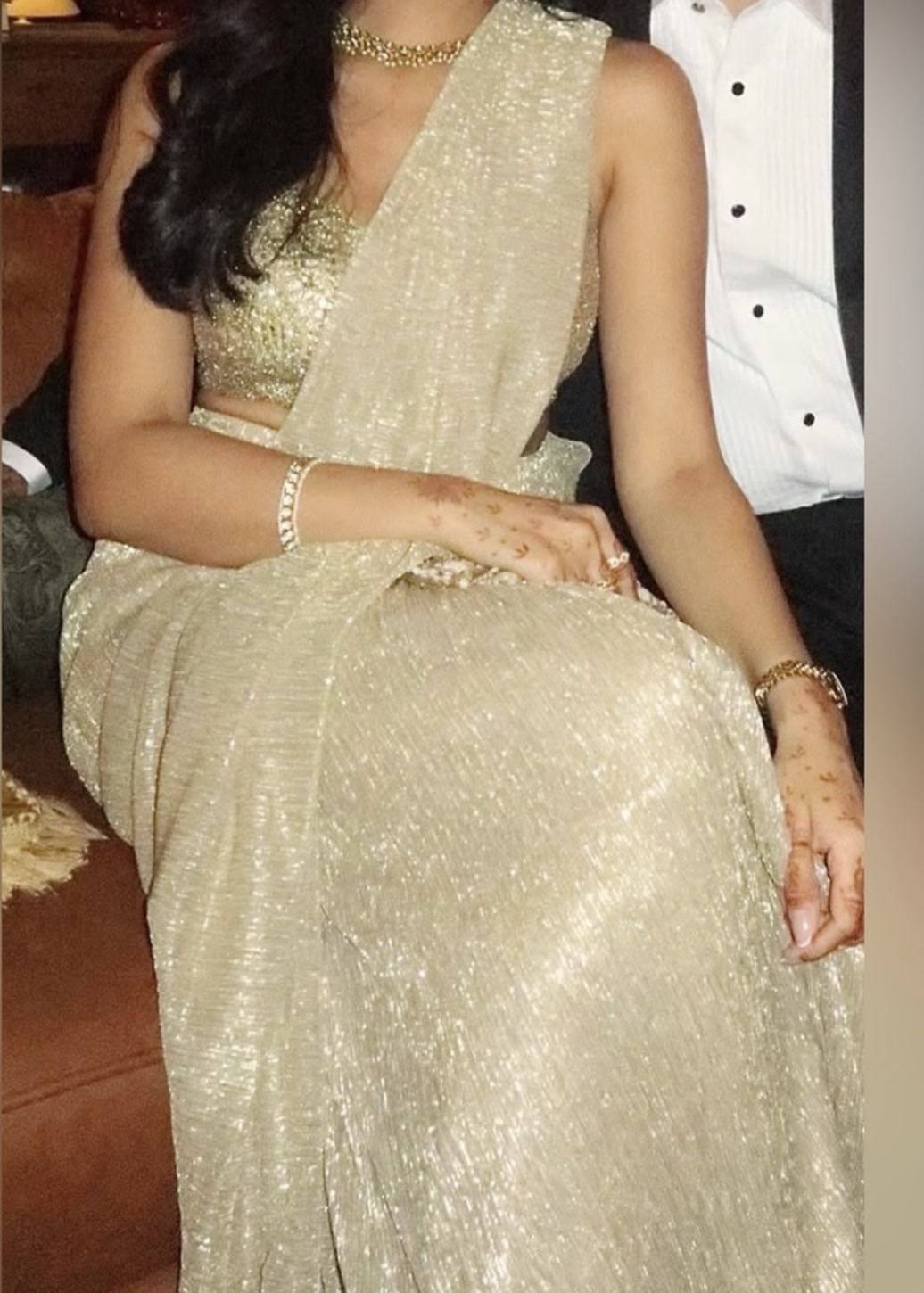 Gold Metallic Pre-Draped Sari Image - 2