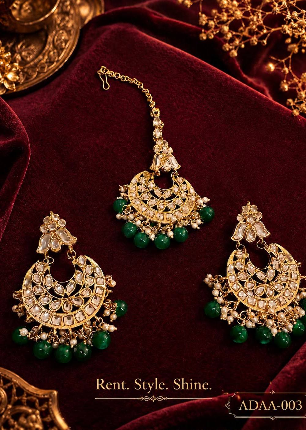 Green Kundan Chandbali Earring Set Image - 0
