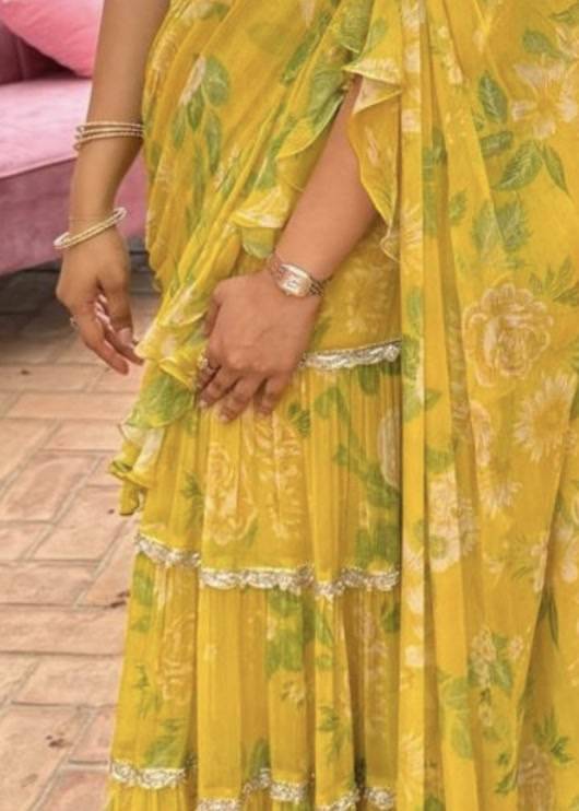 Yellow Floral Ruffled Pre-Draped Sari Image - 4