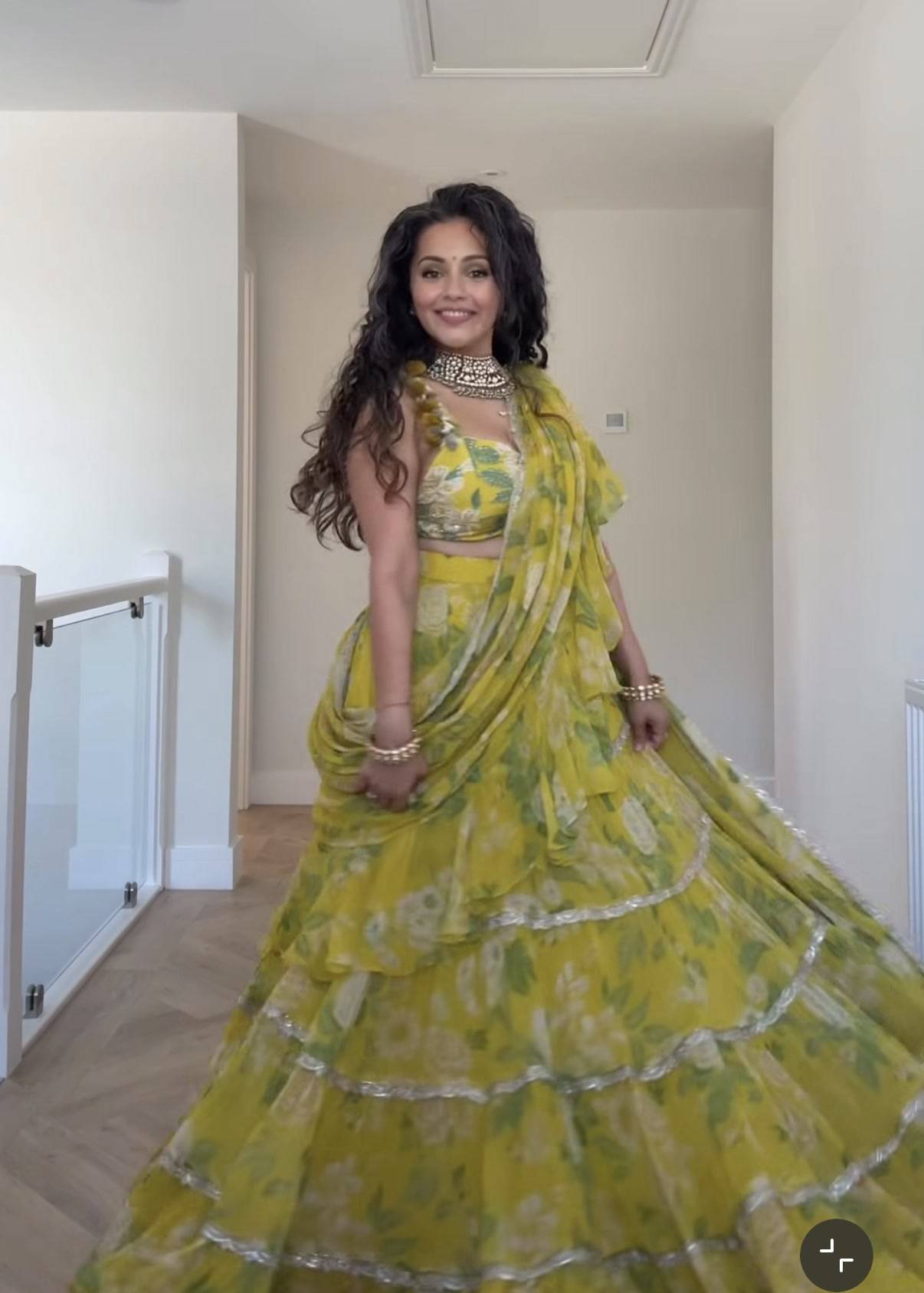 Yellow Floral Ruffled Pre-Draped Sari Image - 5