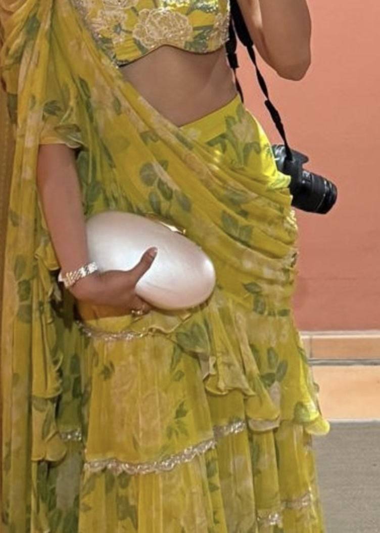 Yellow Floral Ruffled Pre-Draped Sari Image - 3