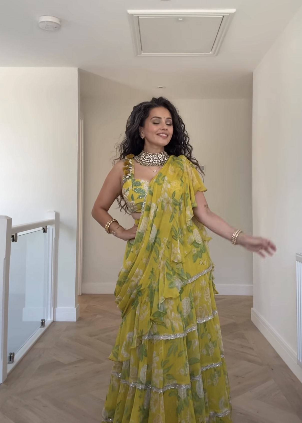 Yellow Floral Ruffled Pre-Draped Sari Image - 6