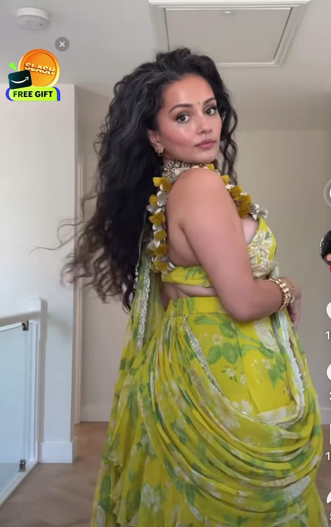 Yellow Floral Ruffled Pre-Draped Sari Image - 7