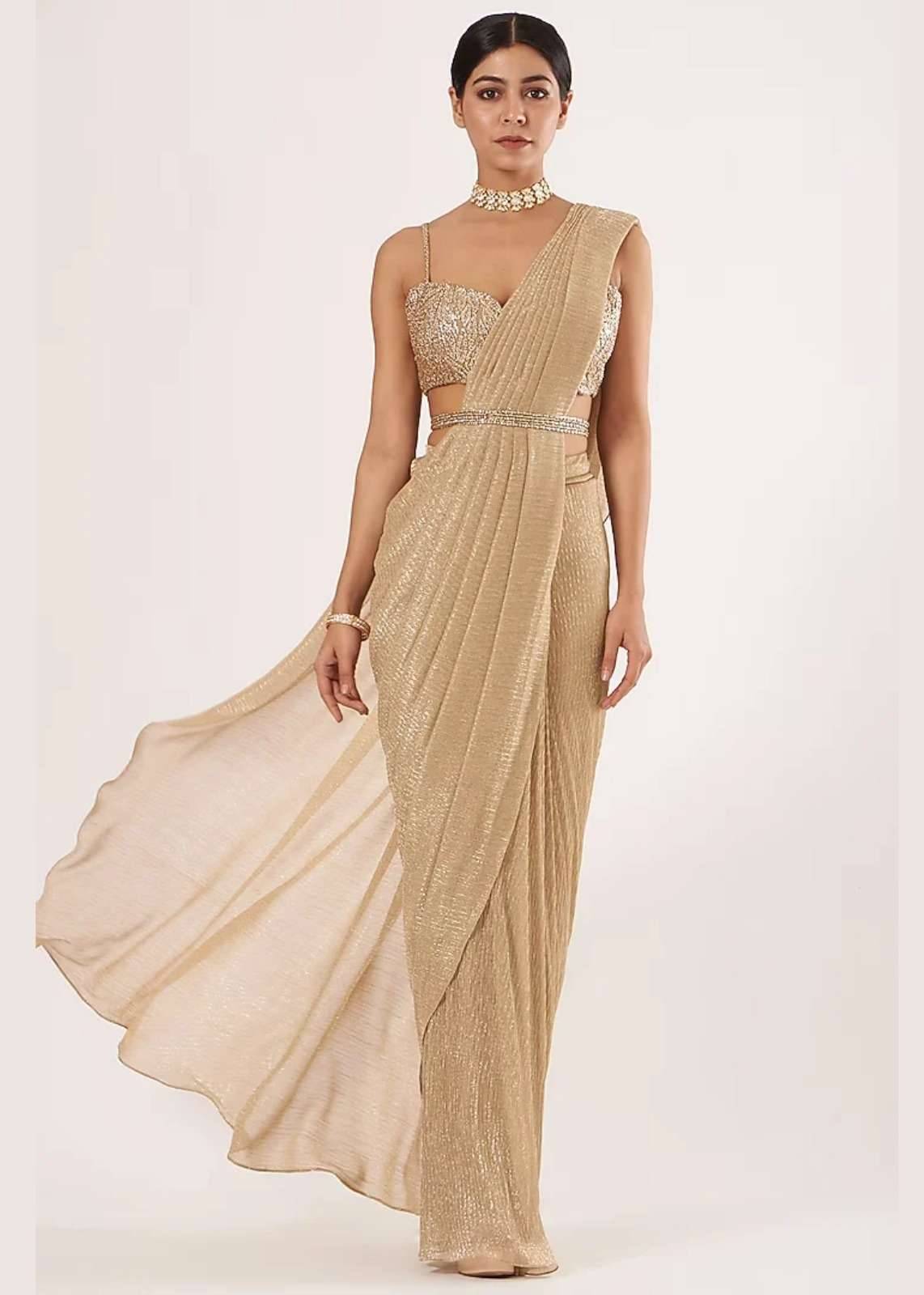 Gold Metallic Pre-Draped Sari Image - 0