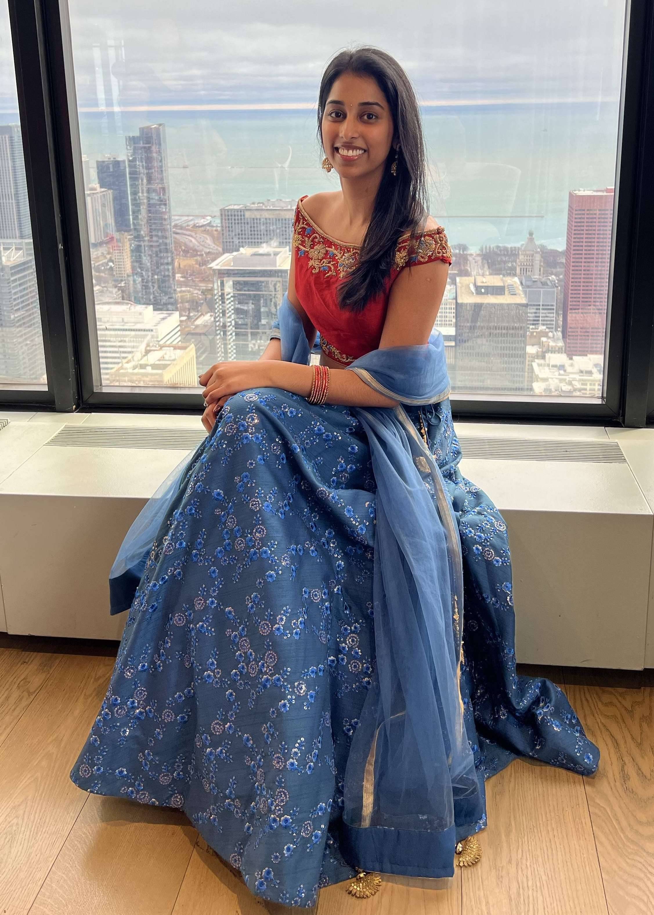 Blue Embroidered Lehenga with Red Blouse Image - 0