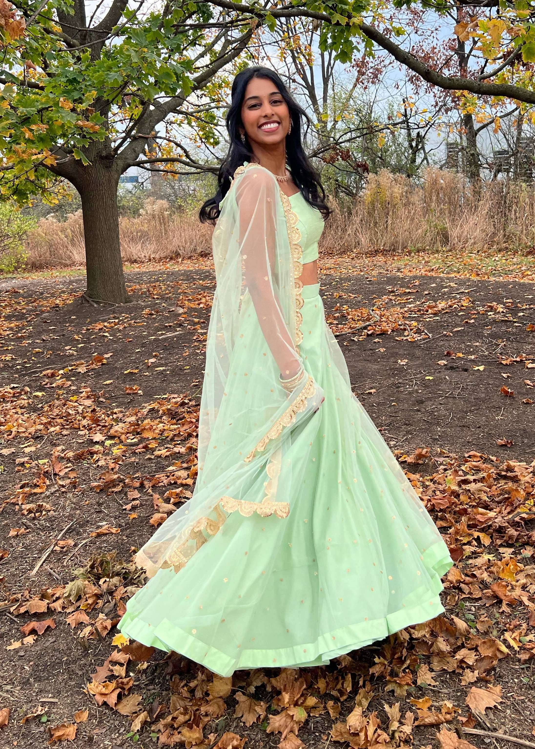 Mint Green Lehenga Set with Gold Lace Dupatta Image - 0