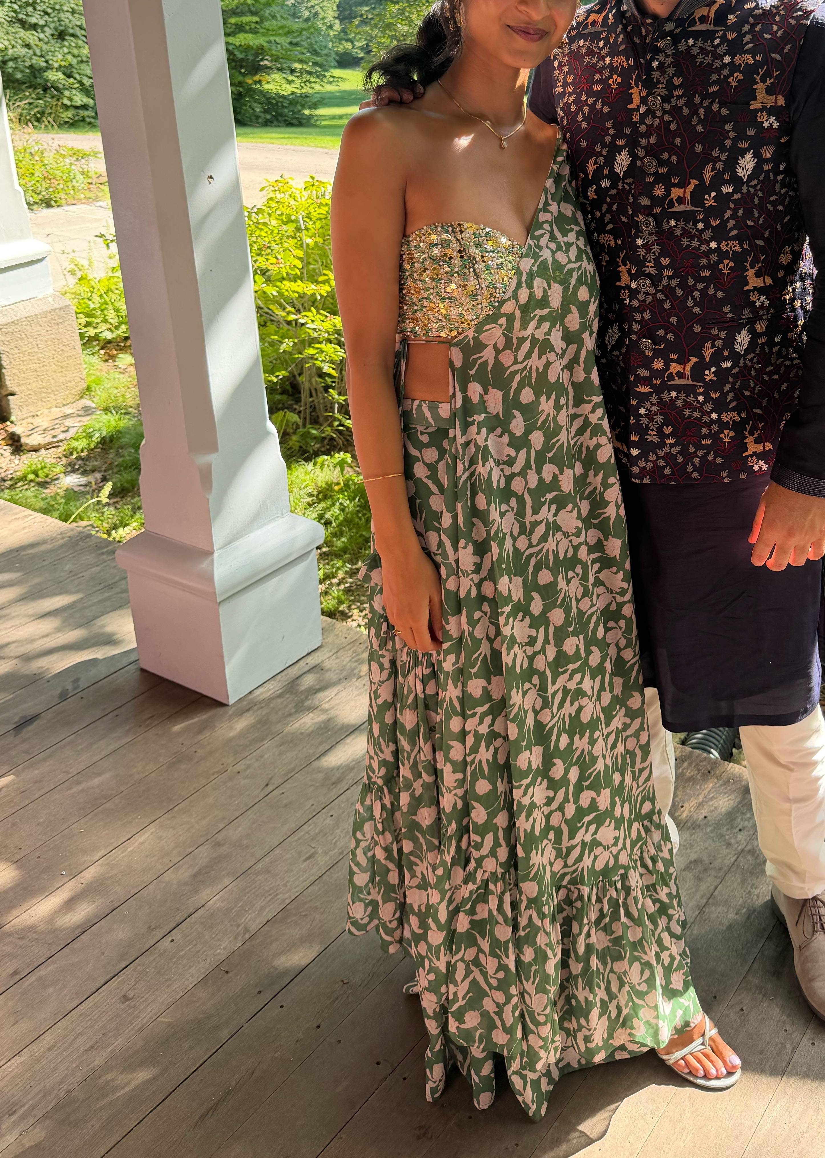Green Floral Tiered Skirt Set Image - 0