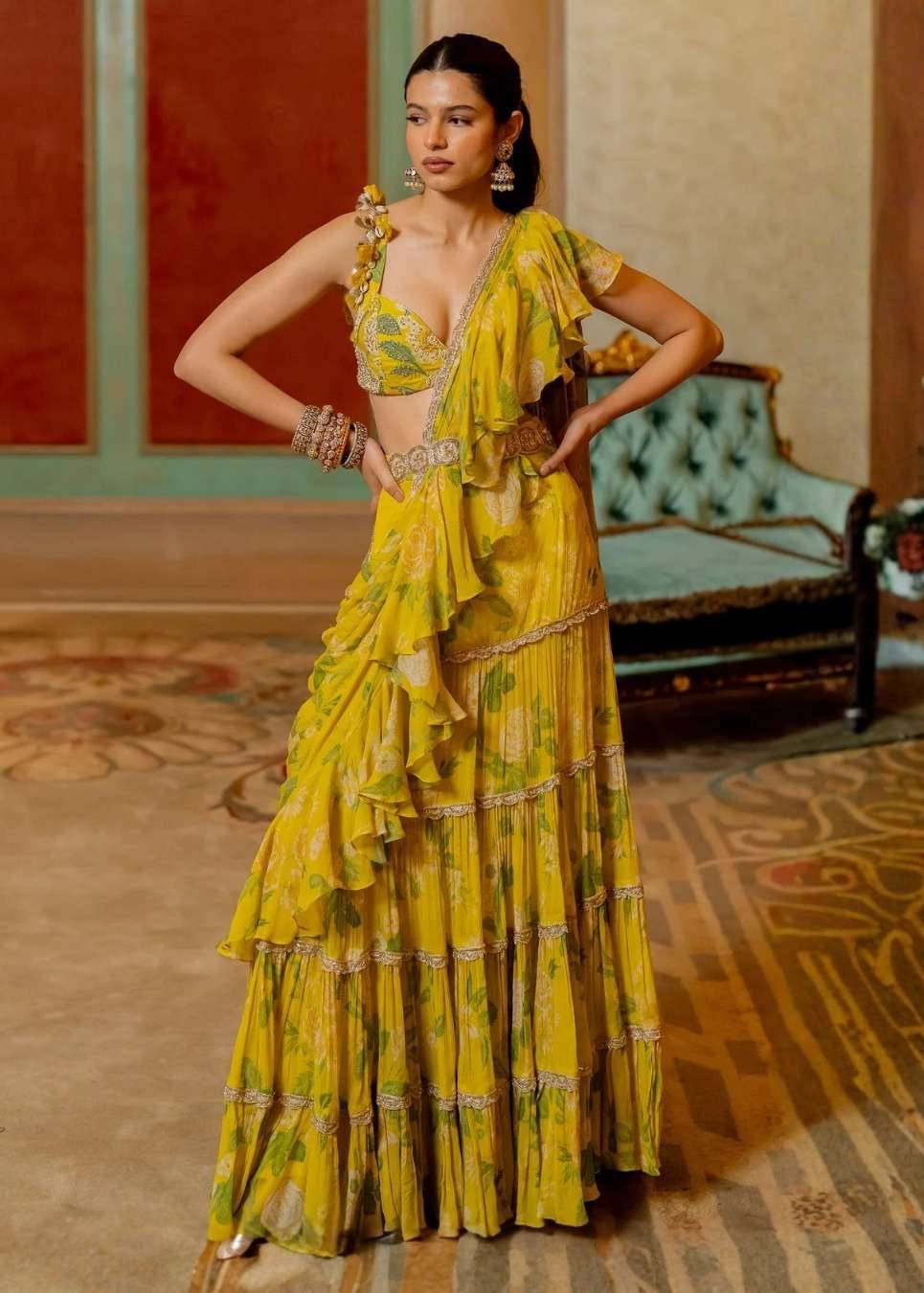 Yellow Floral Ruffled Pre-Draped Sari Image - 0