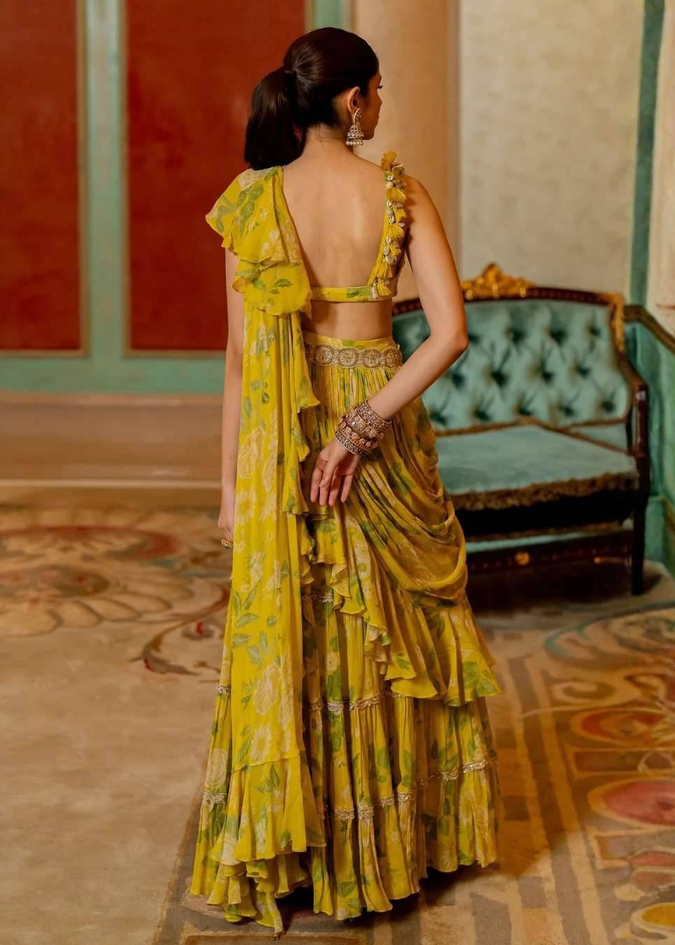 Yellow Floral Ruffled Pre-Draped Sari Image - 1