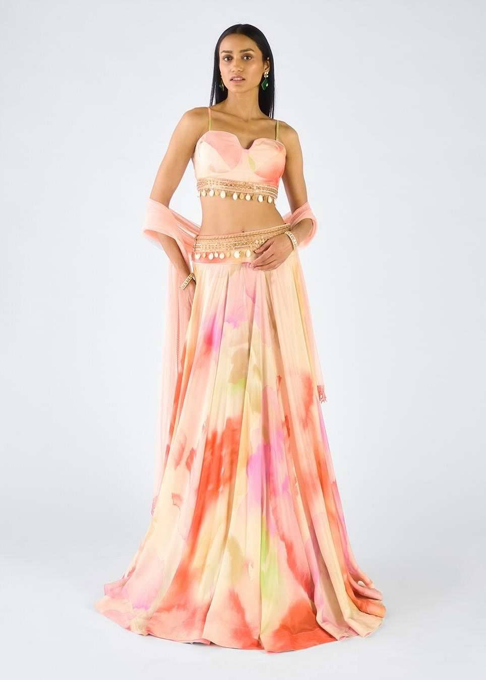 Peach Tie-Dye Lehenga Set Image - 0