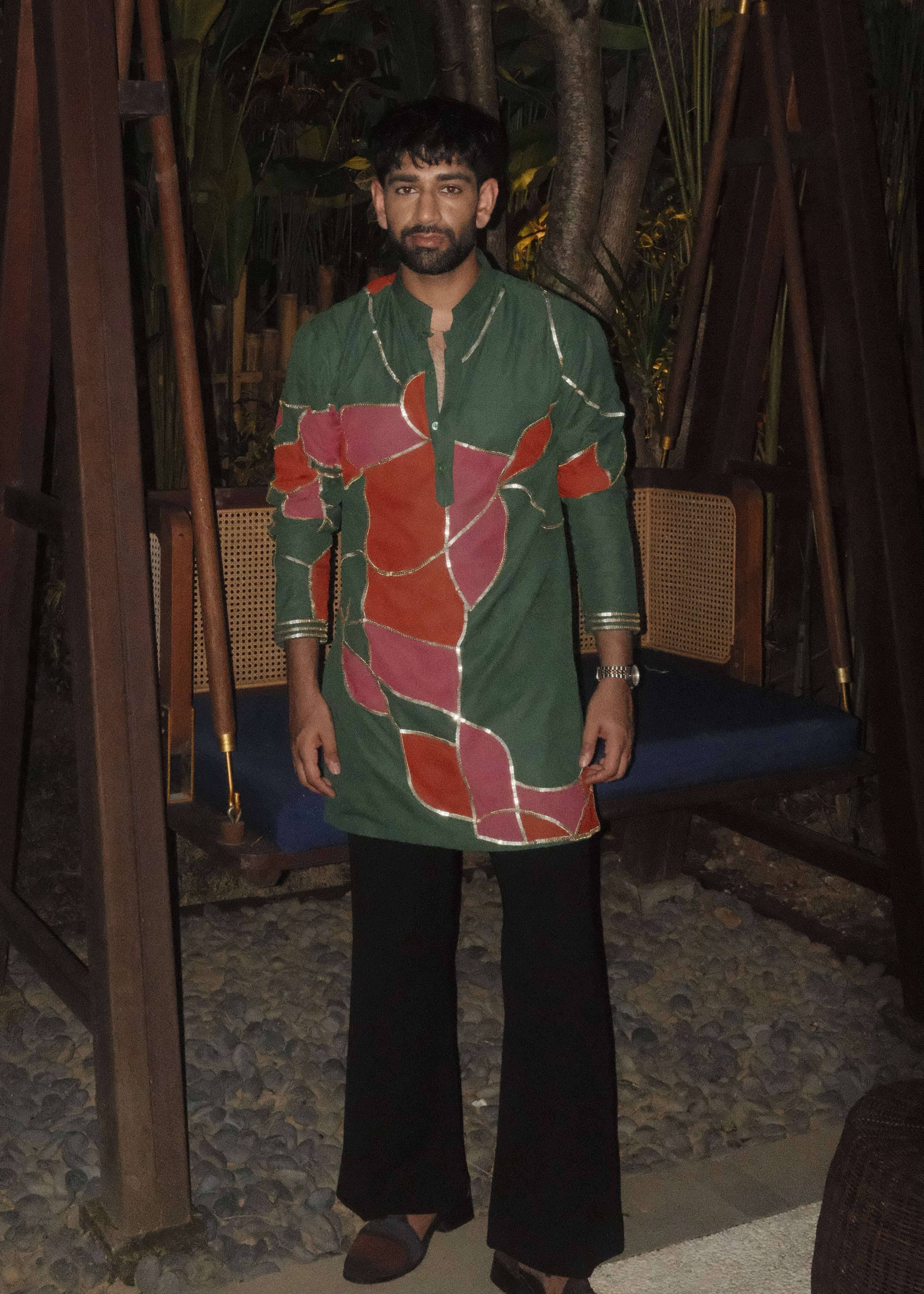 Green and Red Patchwork Kurta Image - 0