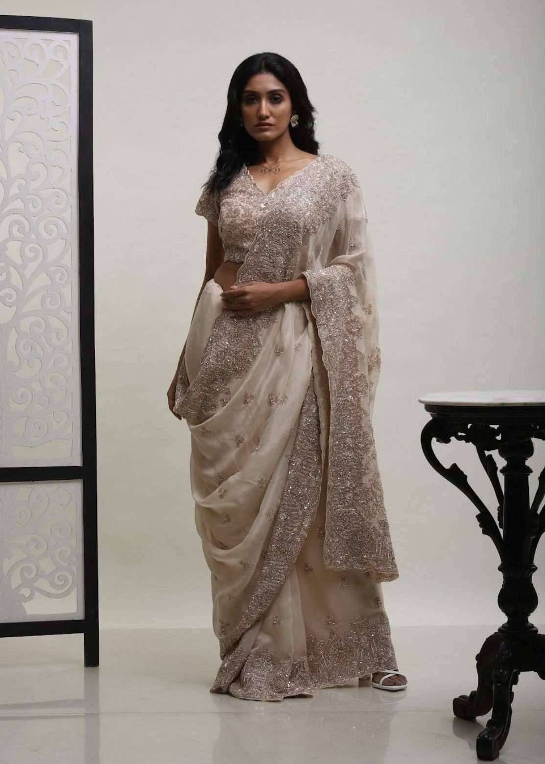 Ivory and Silver Embroidered Sari Image - 0