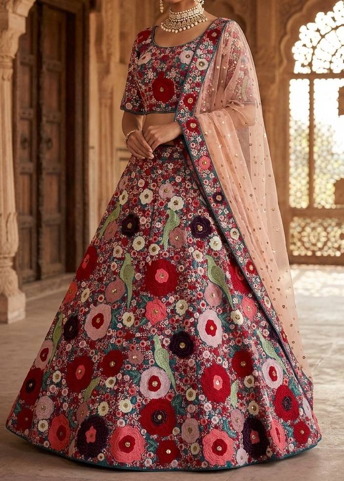 Red Floral Embroidered Lehenga Set Image - 0
