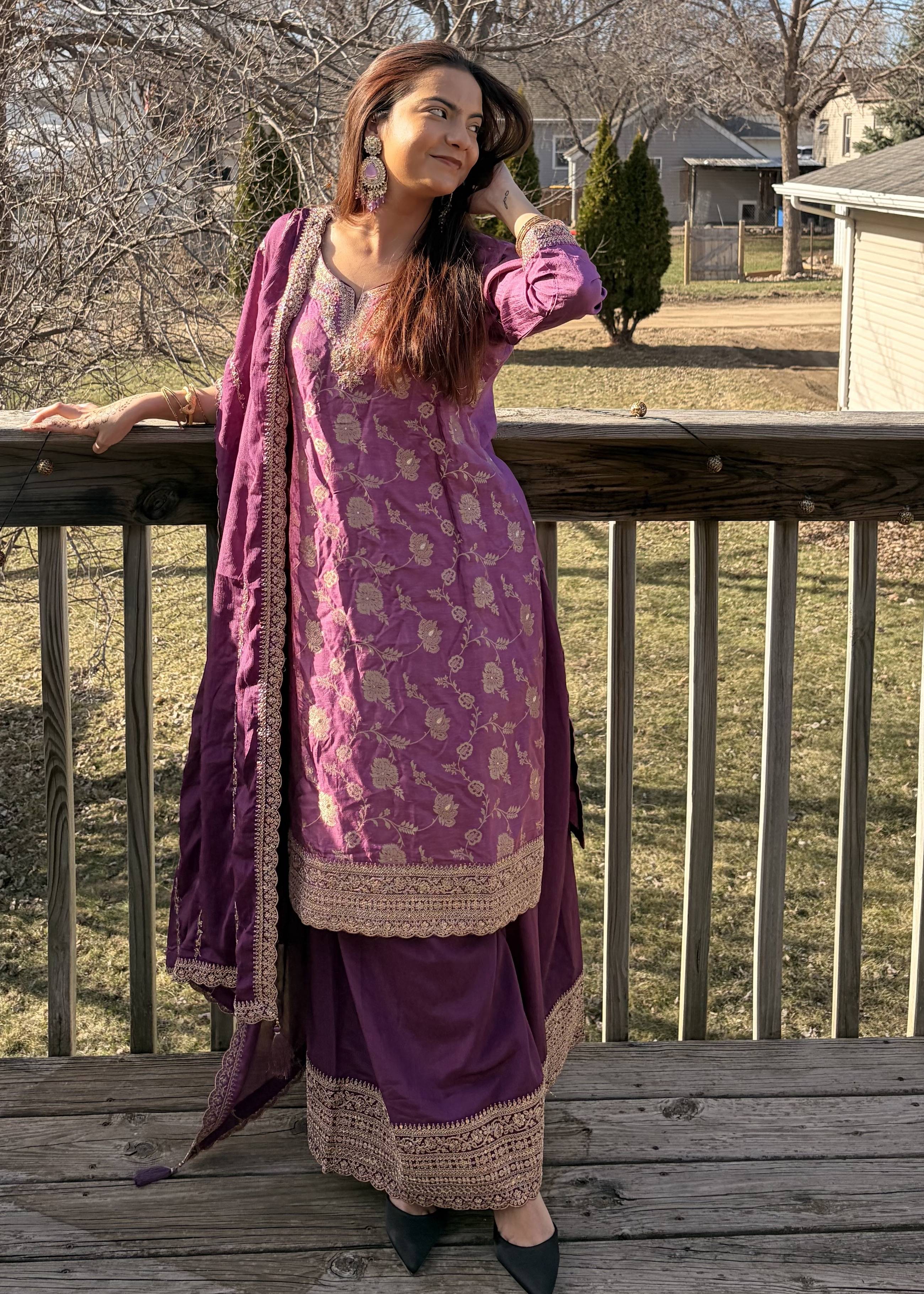 Purple and Gold Floral Kurta Set Image - 0