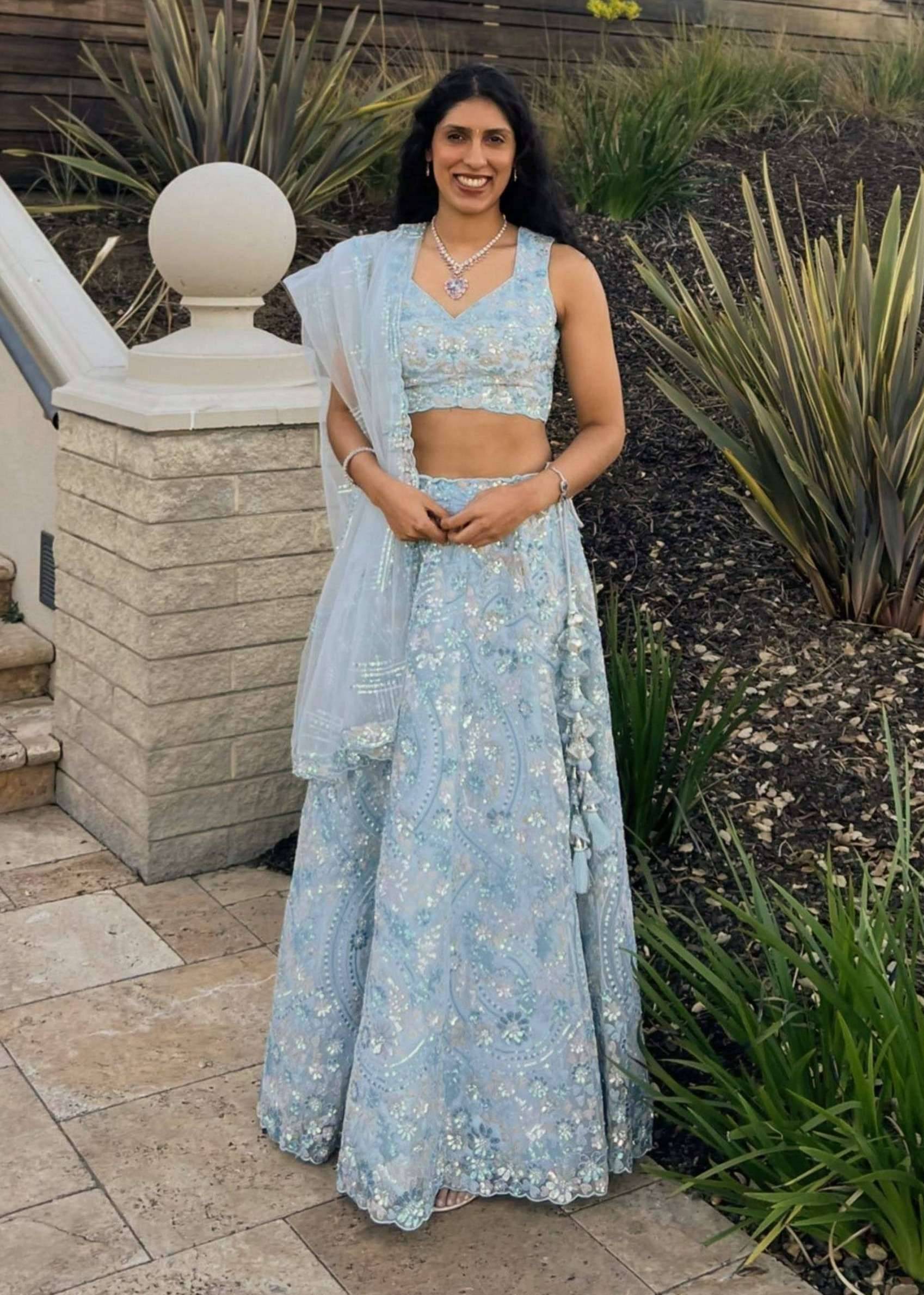 Powder Blue Floral Embroidered Lehenga Image - 0