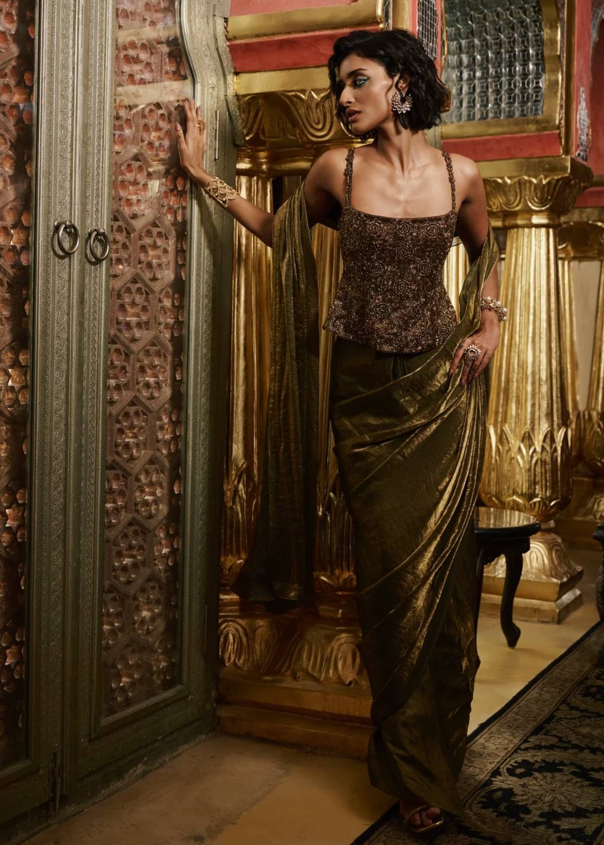 Bronze Metallic Pre-Draped Sari Set Image - 0