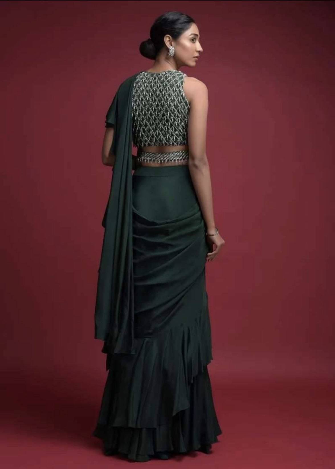 MATERNITY Size Emerald Green Pre-Draped Ruffle Sari Image - 5