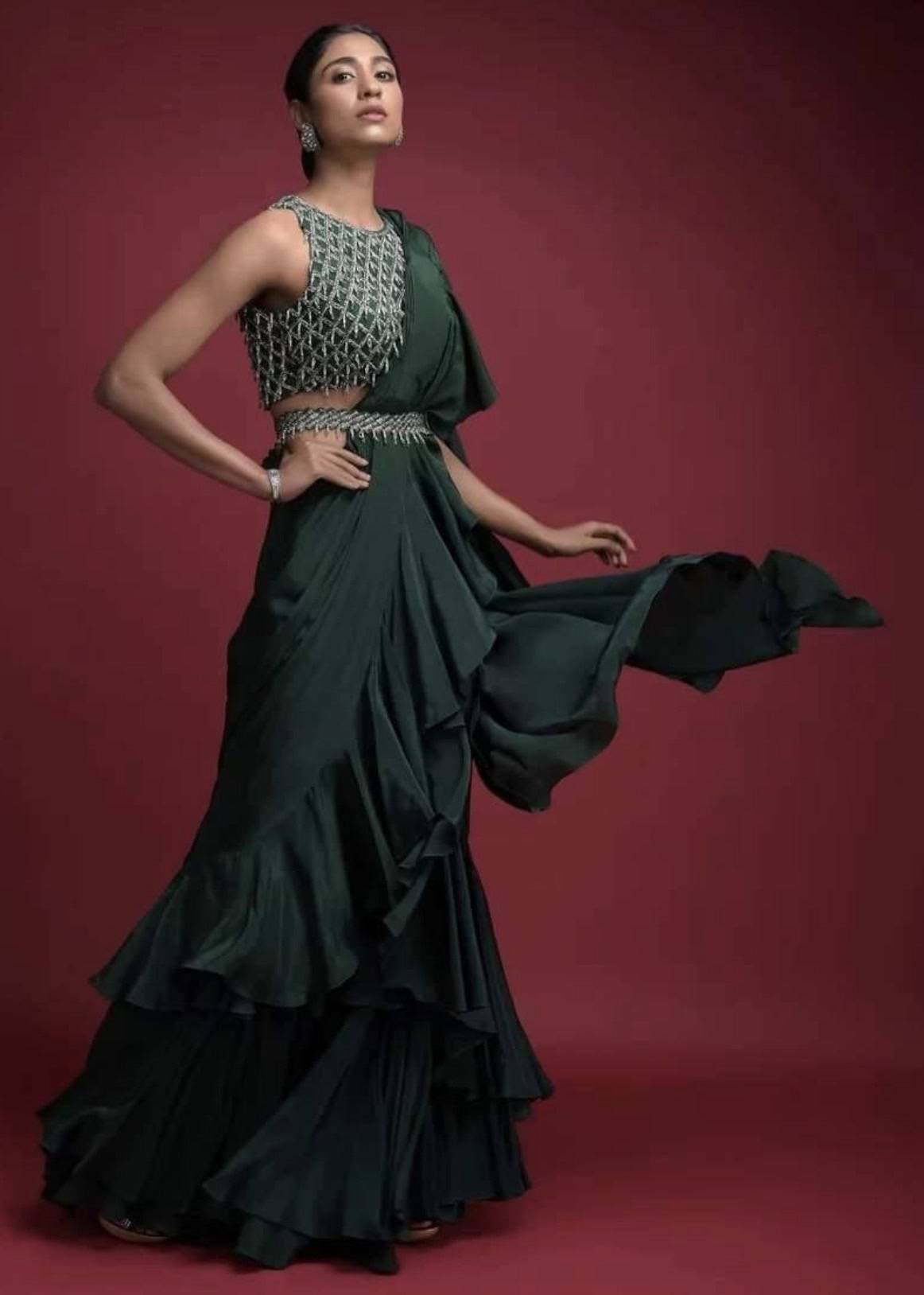 MATERNITY Size Emerald Green Pre-Draped Ruffle Sari Image - 0