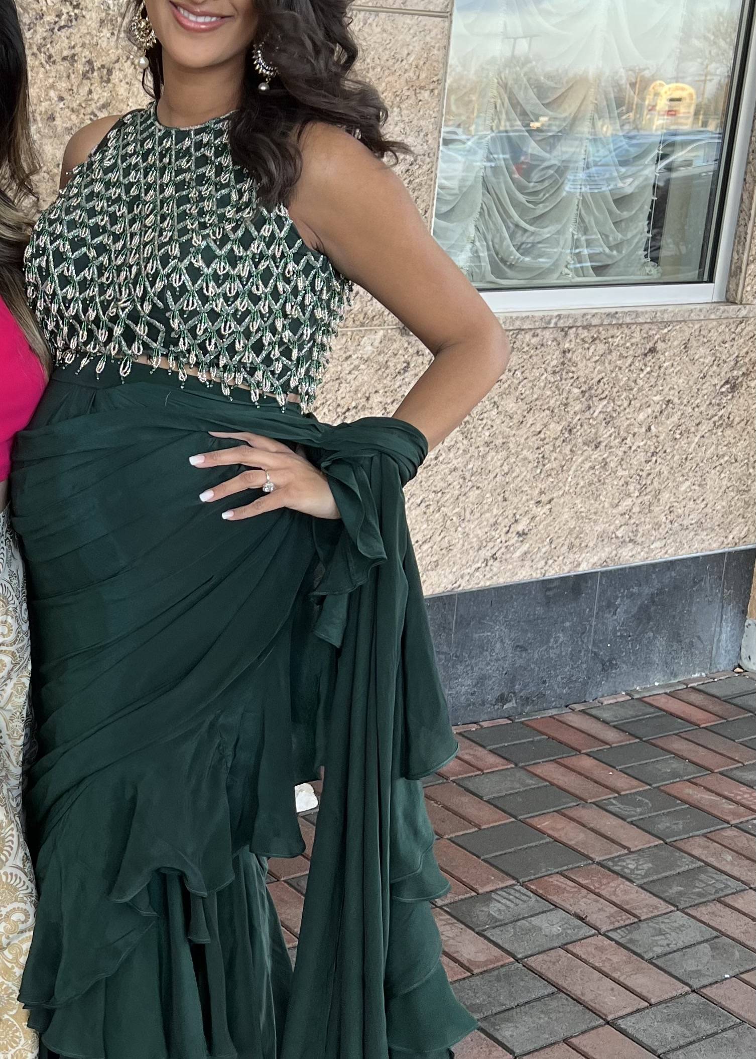 MATERNITY Size Emerald Green Pre-Draped Ruffle Sari Image - 1