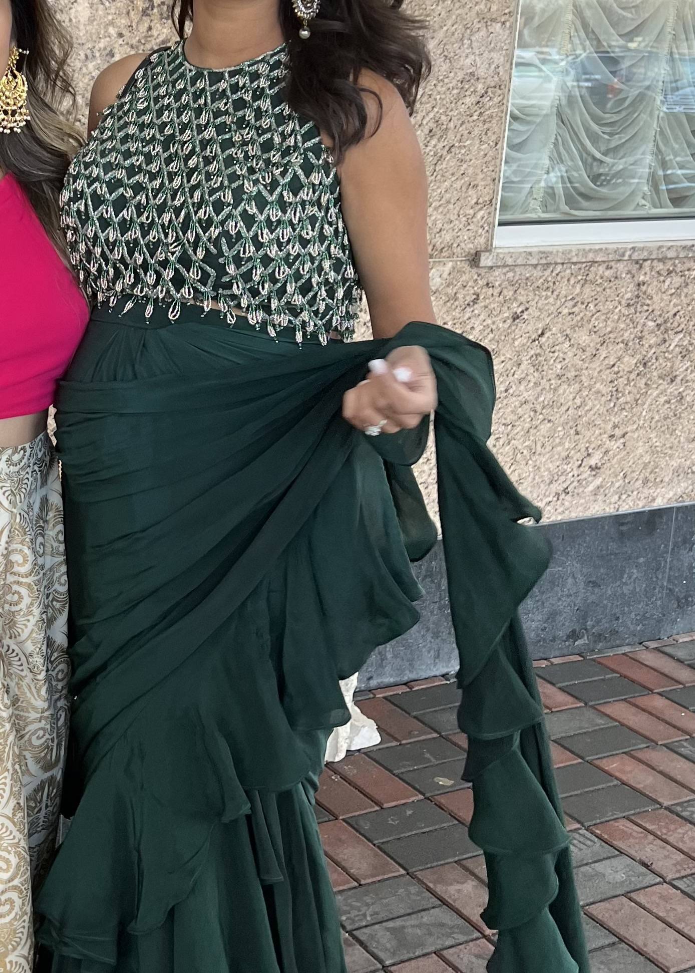 MATERNITY Size Emerald Green Pre-Draped Ruffle Sari Image - 3