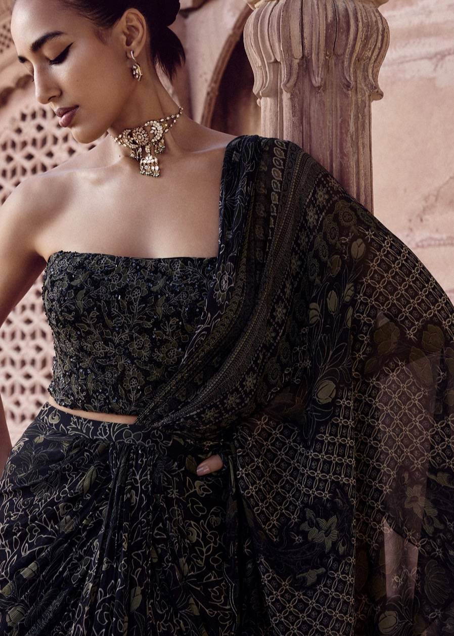 Black Floral Printed Sari Image - 2