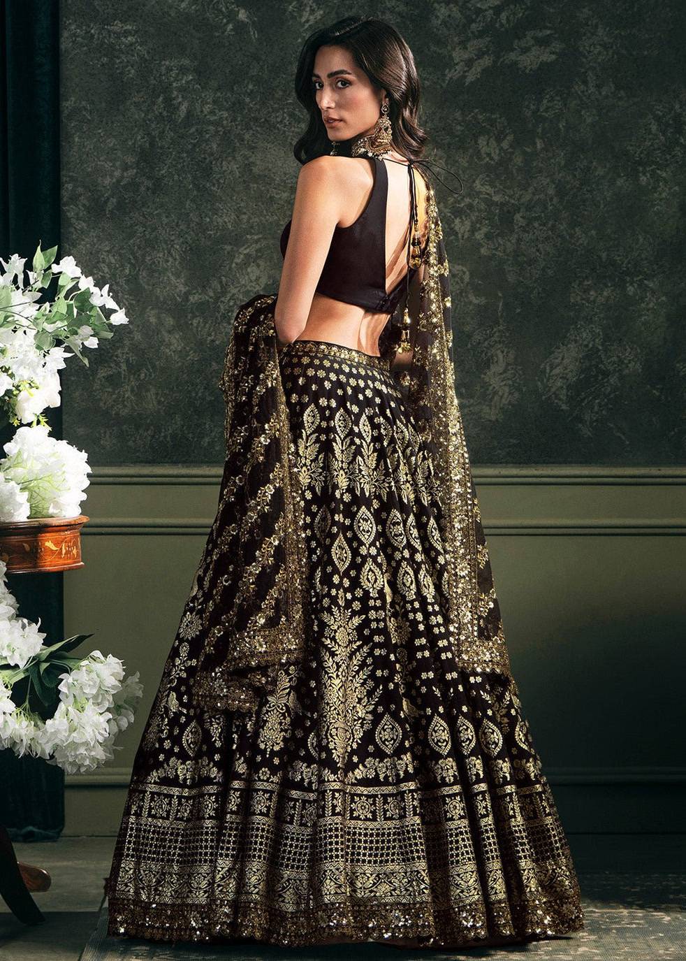 Black and Gold Embroidered Lehenga Set Image - 3