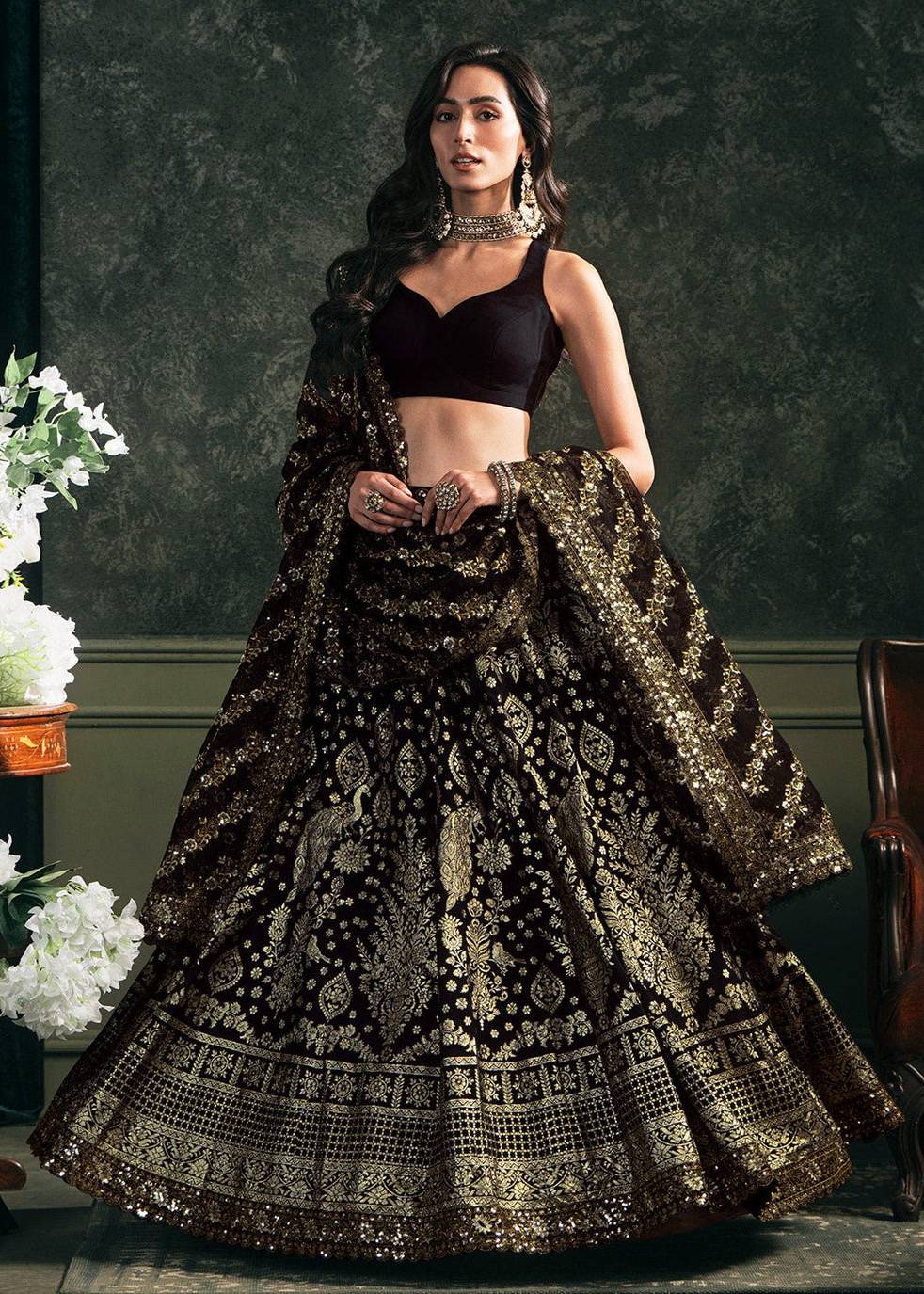 Black and Gold Embroidered Lehenga Set Image - 2