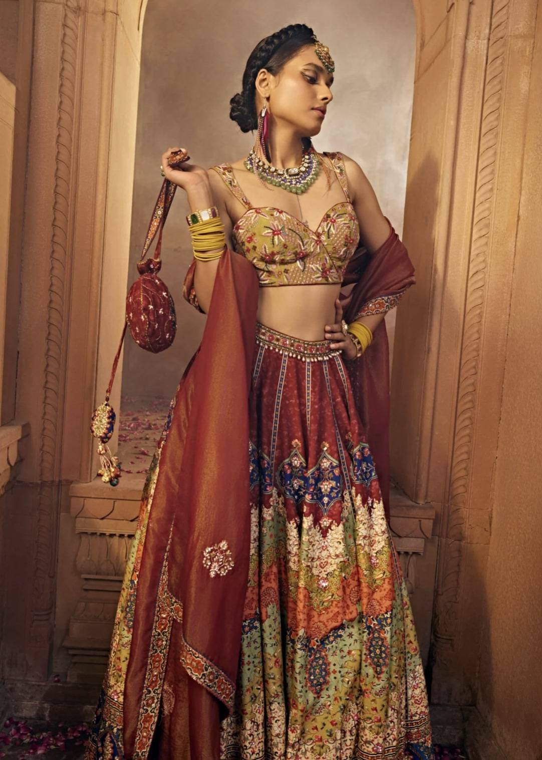 Multicolor Printed Mirror Work Lehenga Image - 2