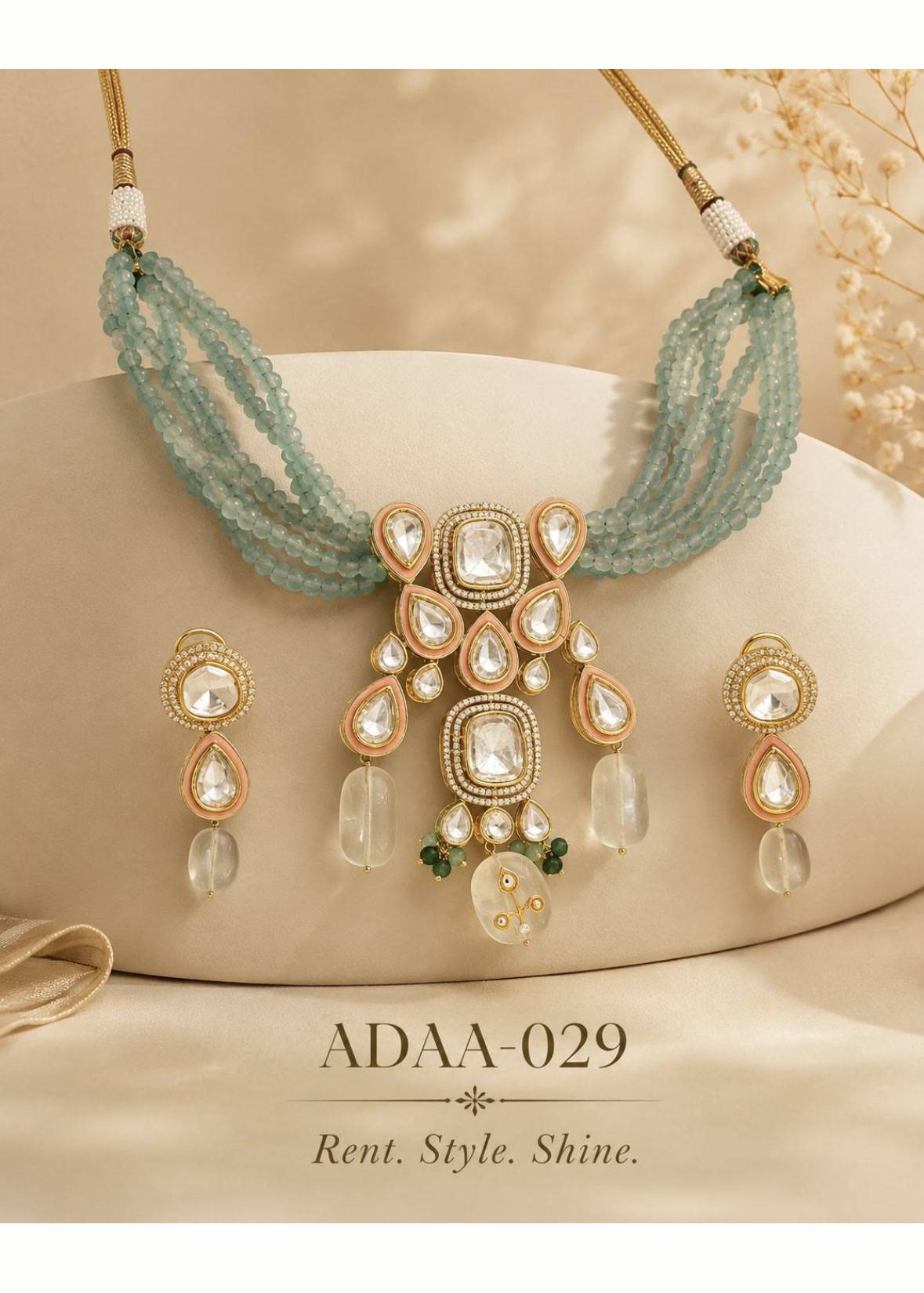 Mint Green Beaded Kundan Necklace Set Image - 0