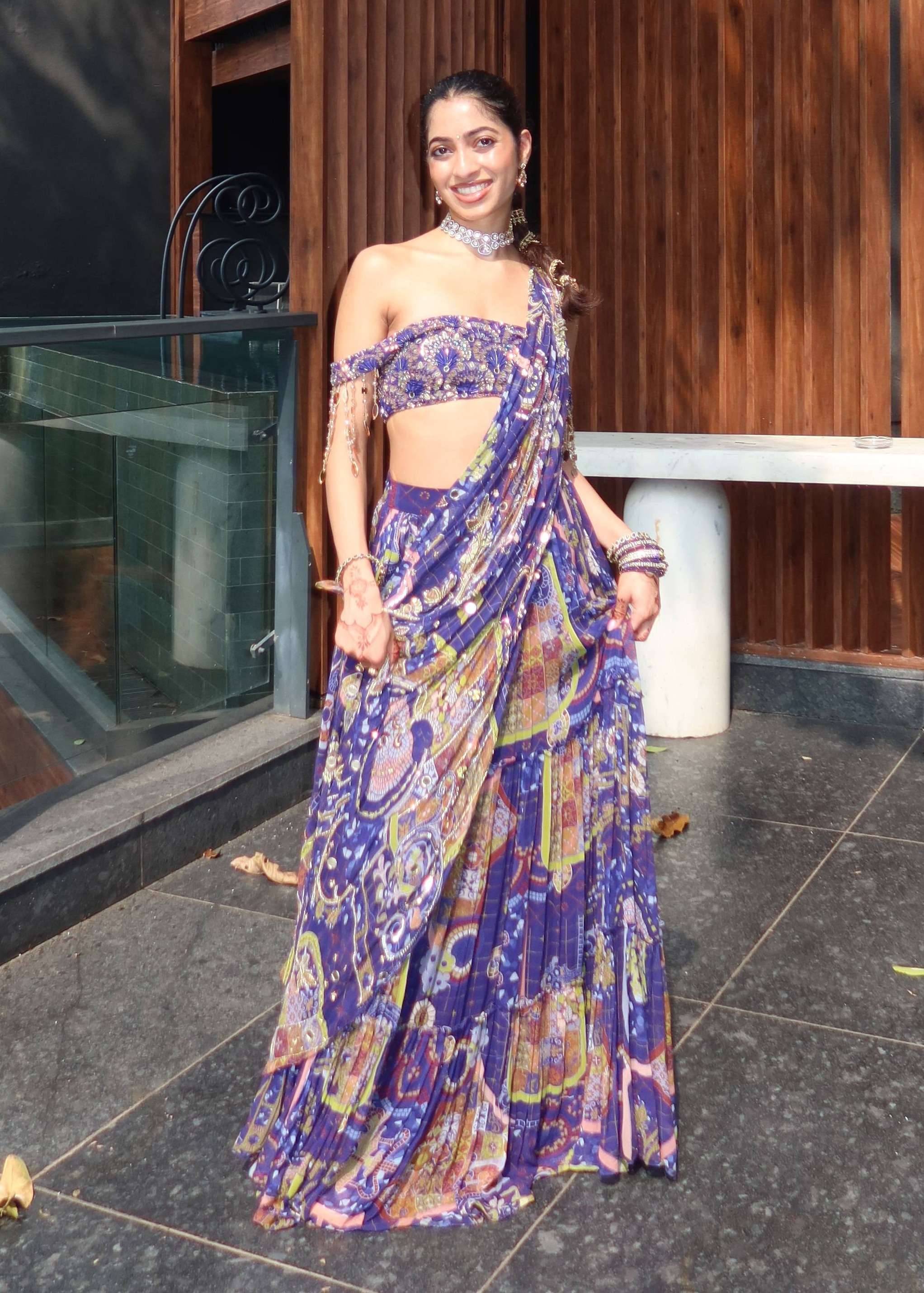 Blue Printed Pre-Draped Sari Image - 0