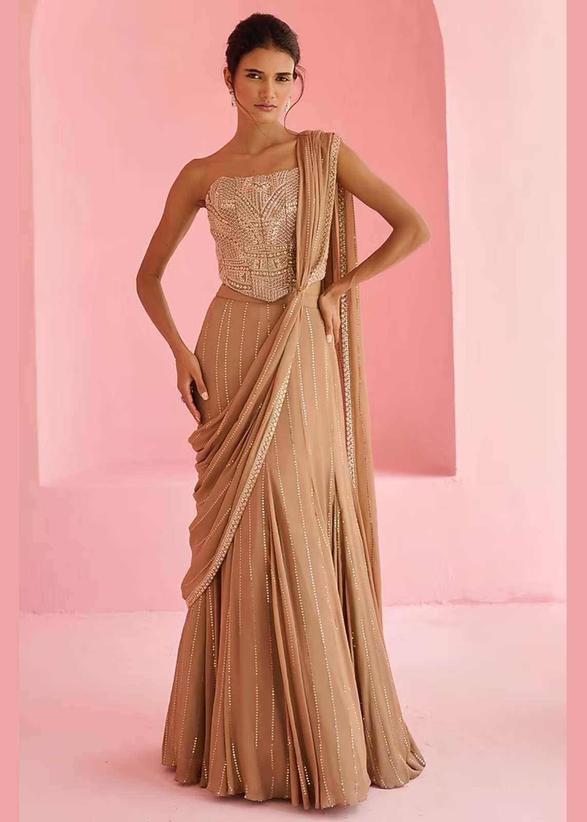 Beige Embellished Pre-Draped Sari Set Image - 0