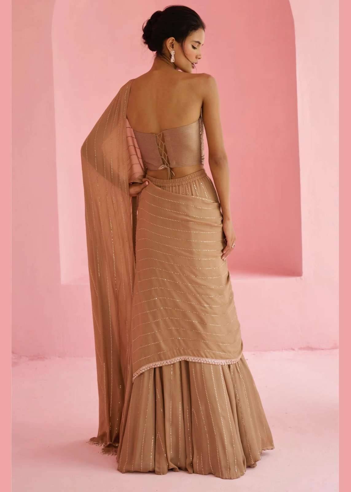 Beige Embellished Pre-Draped Sari Set Image - 2