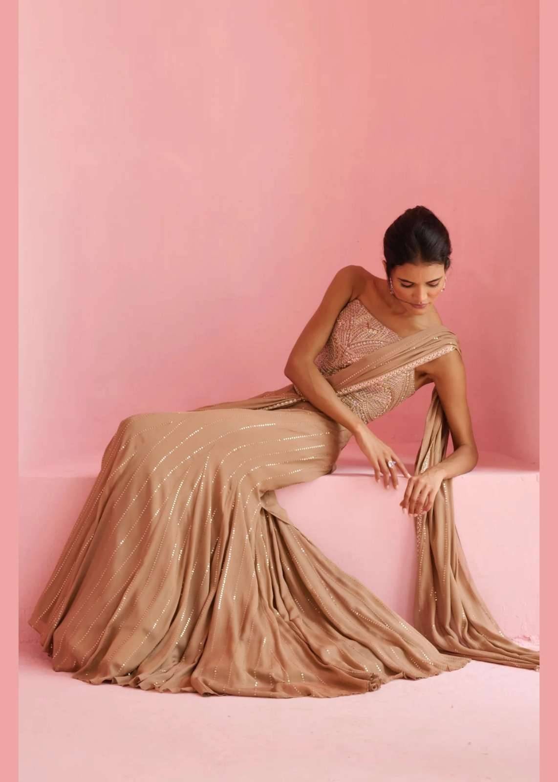 Beige Embellished Pre-Draped Sari Set Image - 4