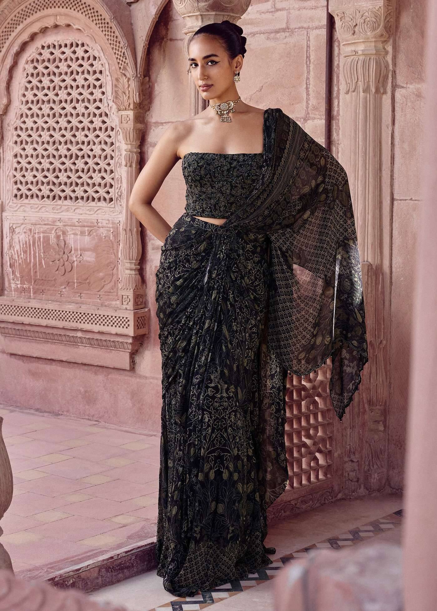 Black Floral Printed Sari Image - 0