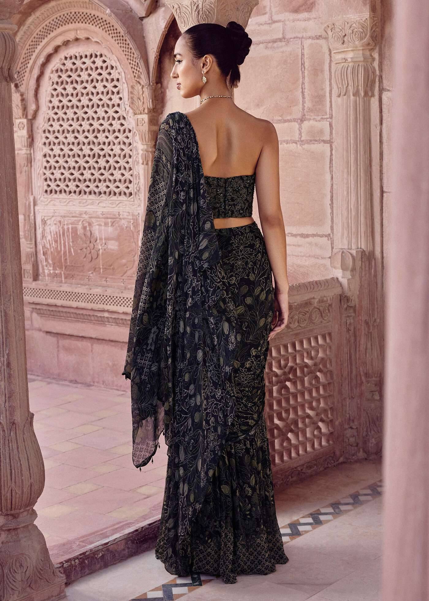 Black Floral Printed Sari Image - 1