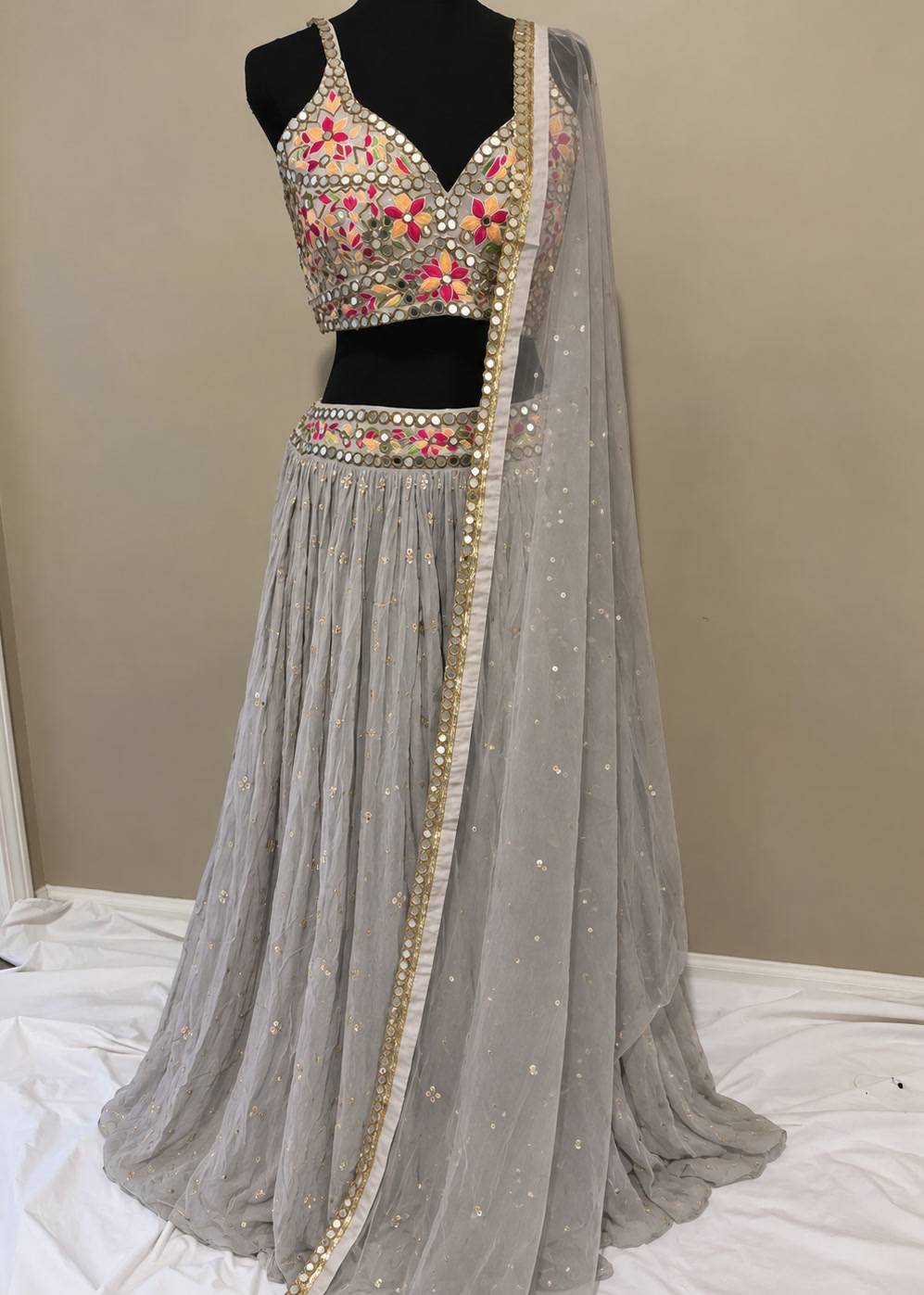 Grey Mirrorwork Lehenga Set Image - 0