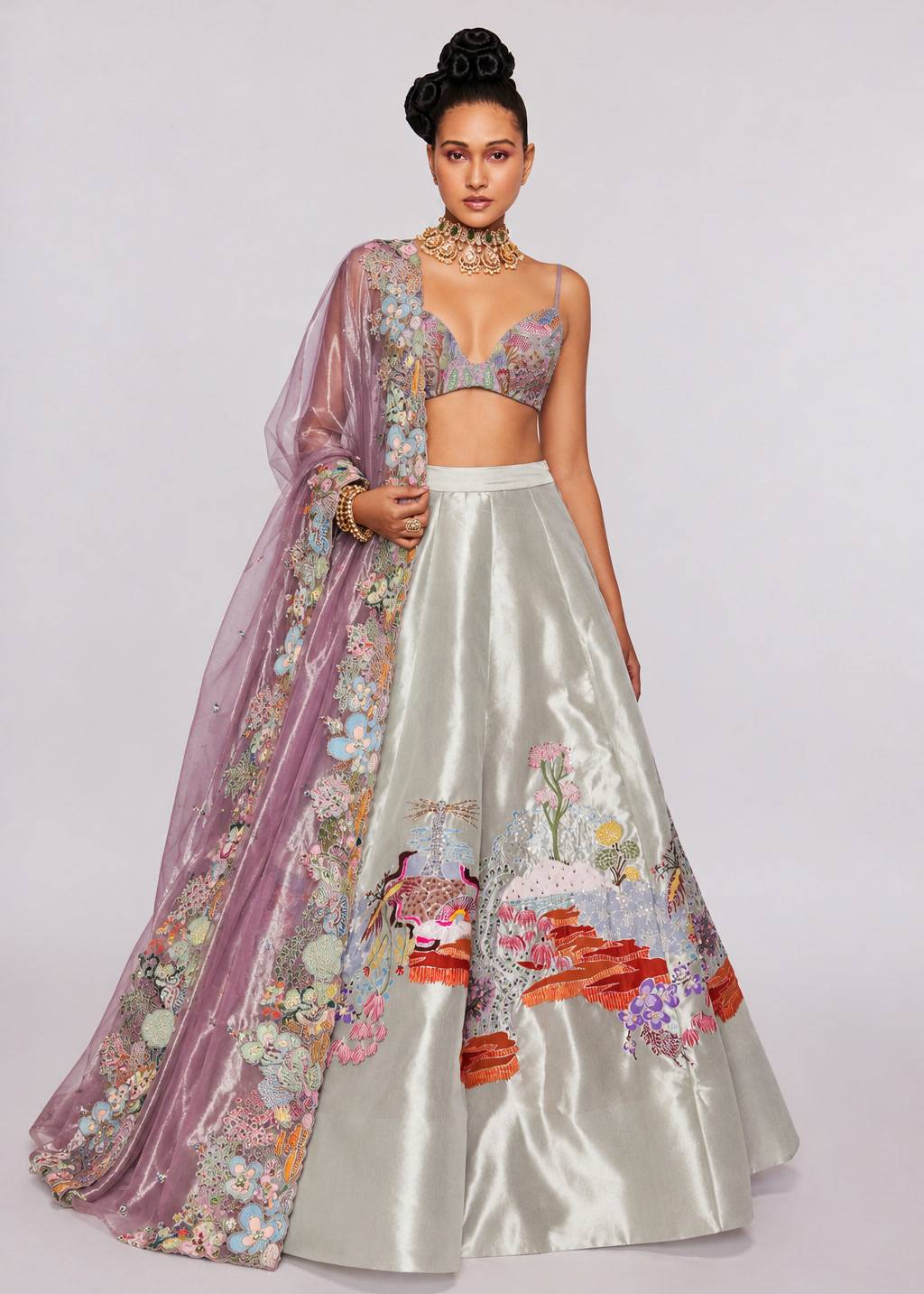 Silver and Lilac Embroidered Lehenga Image - 0
