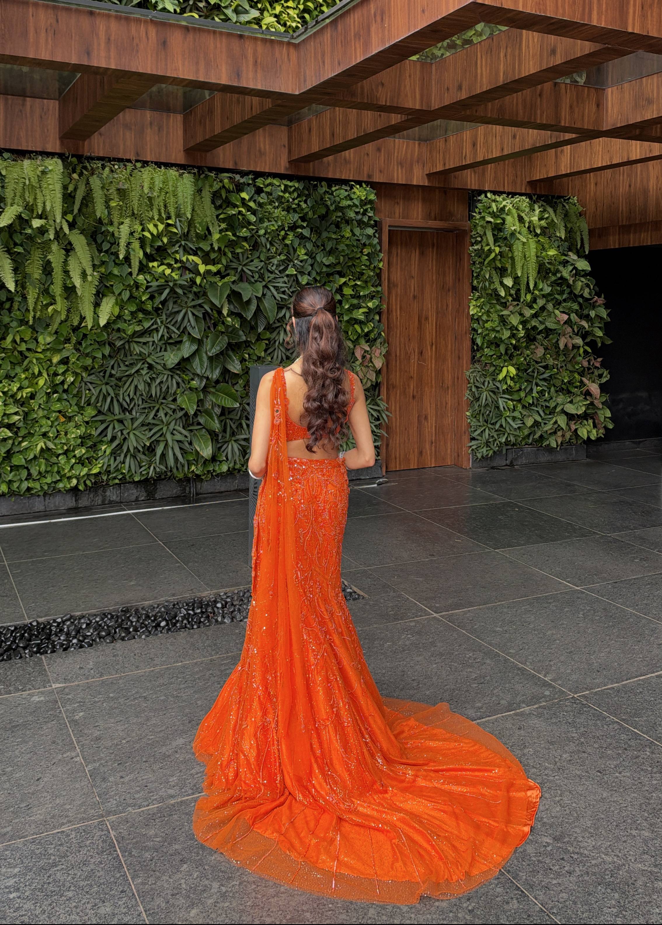 Orange Sequin Pre-Draped Sari Set Image - 4