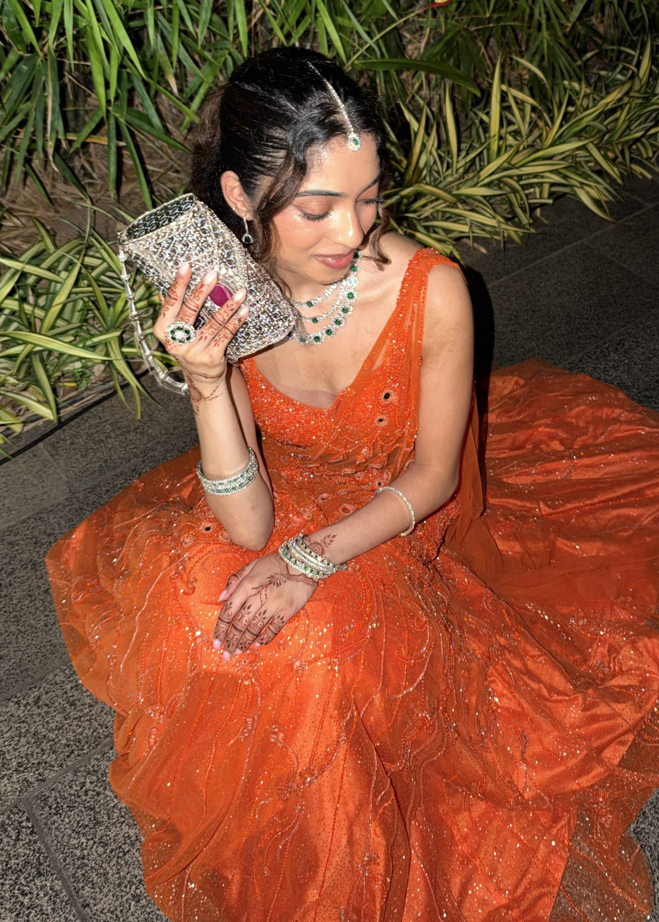 Orange Sequin Pre-Draped Sari Set Image - 6