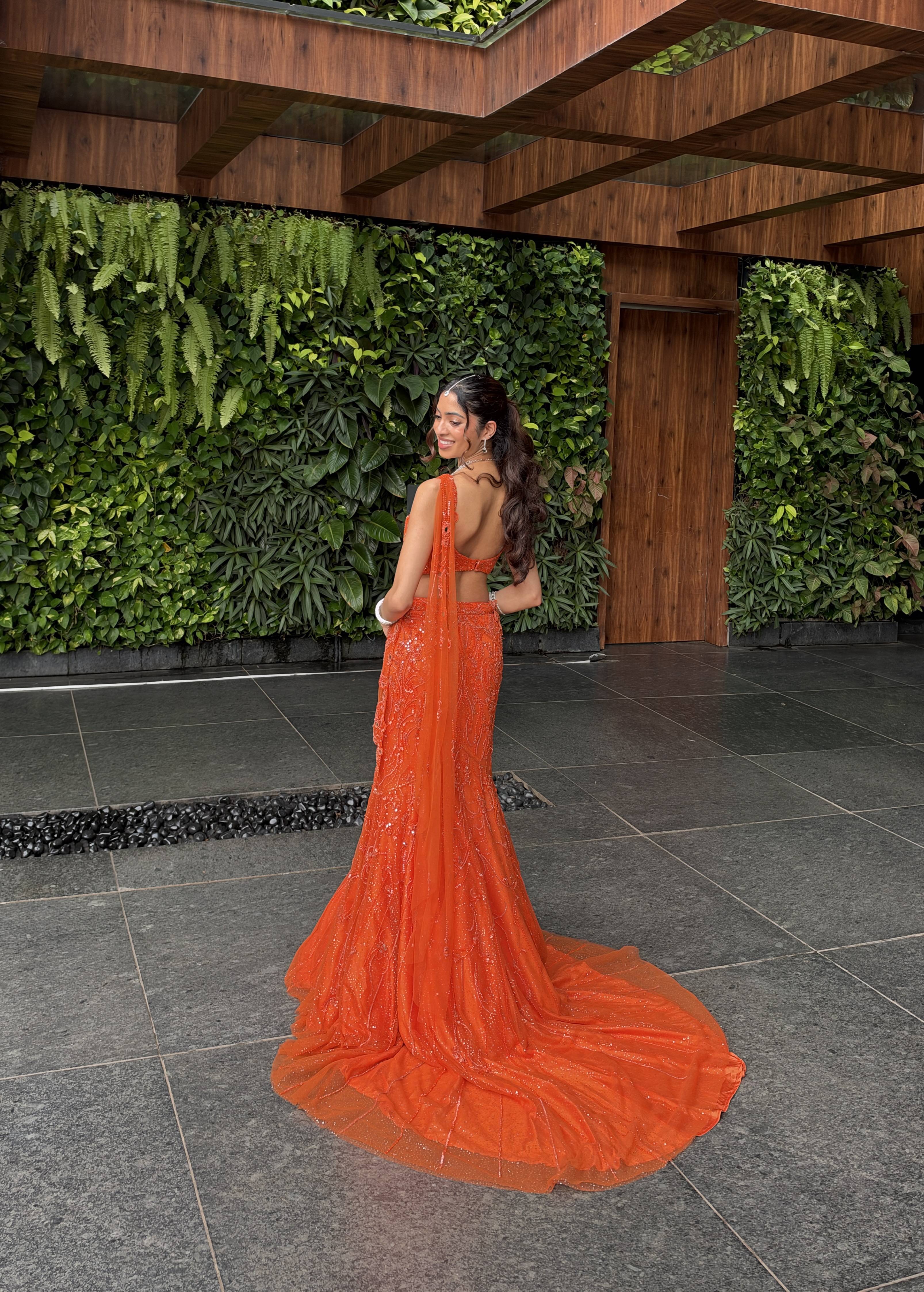 Orange Sequin Pre-Draped Sari Set Image - 1