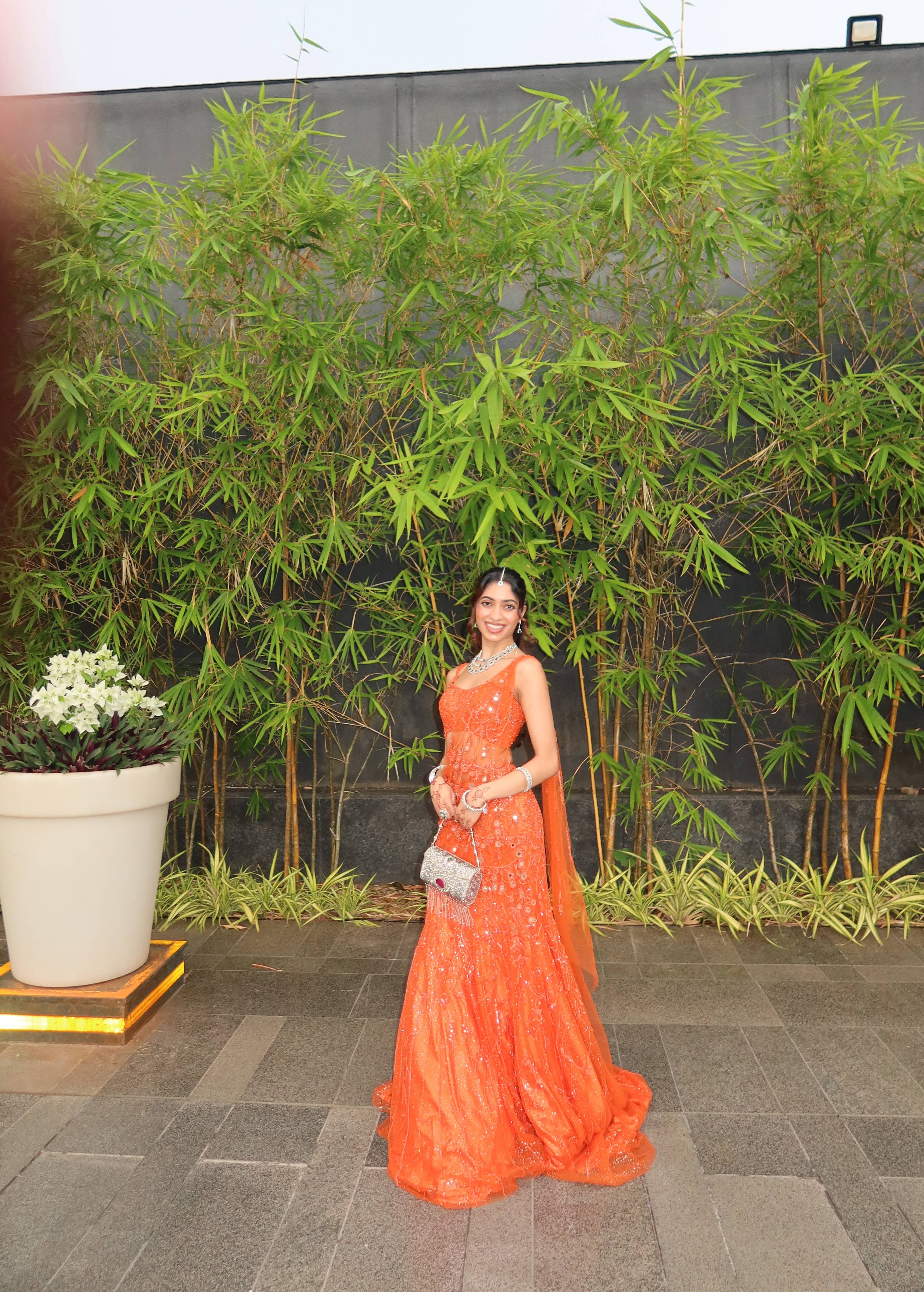 Orange Sequin Pre-Draped Sari Set Image - 2