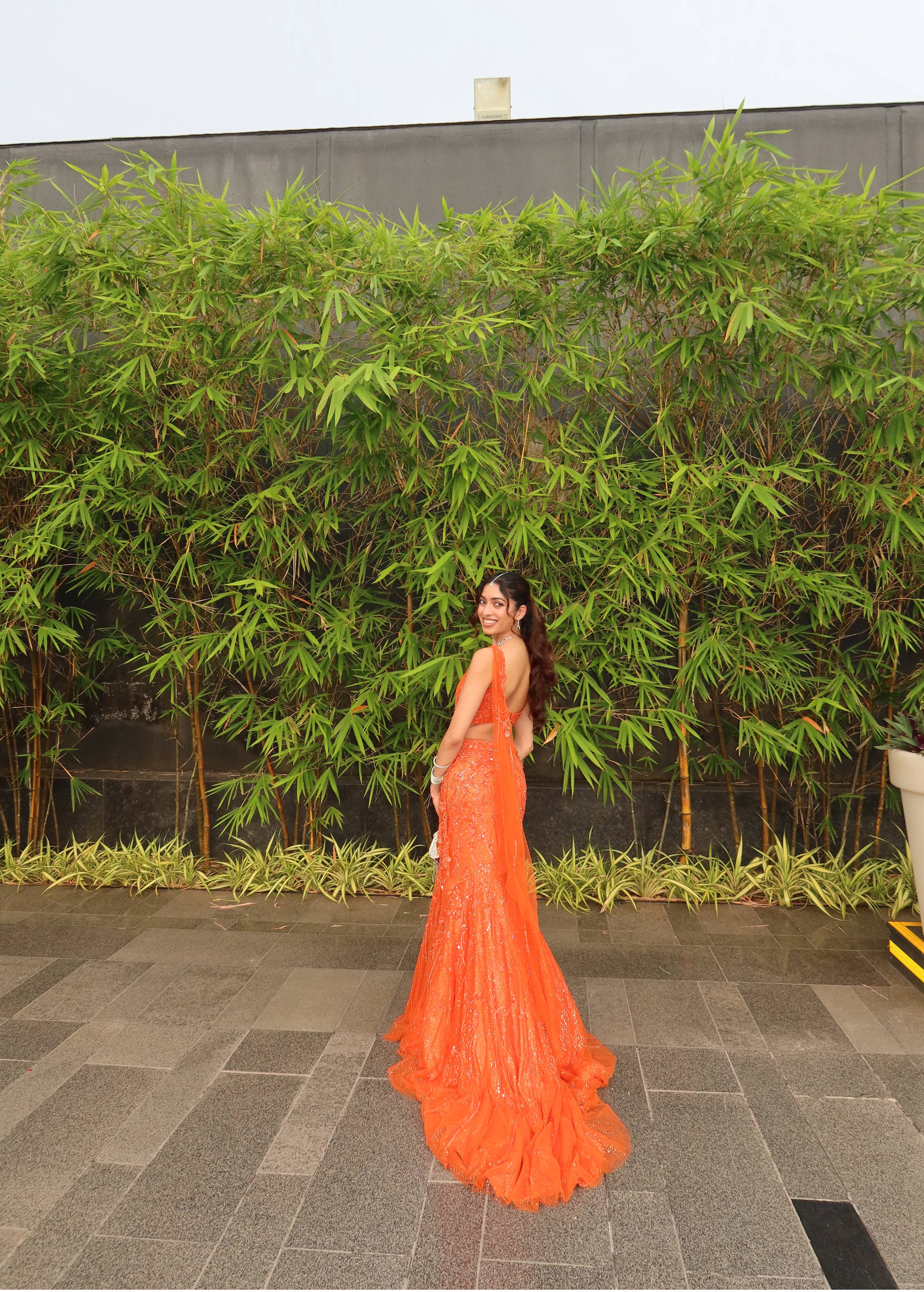 Orange Sequin Pre-Draped Sari Set Image - 5