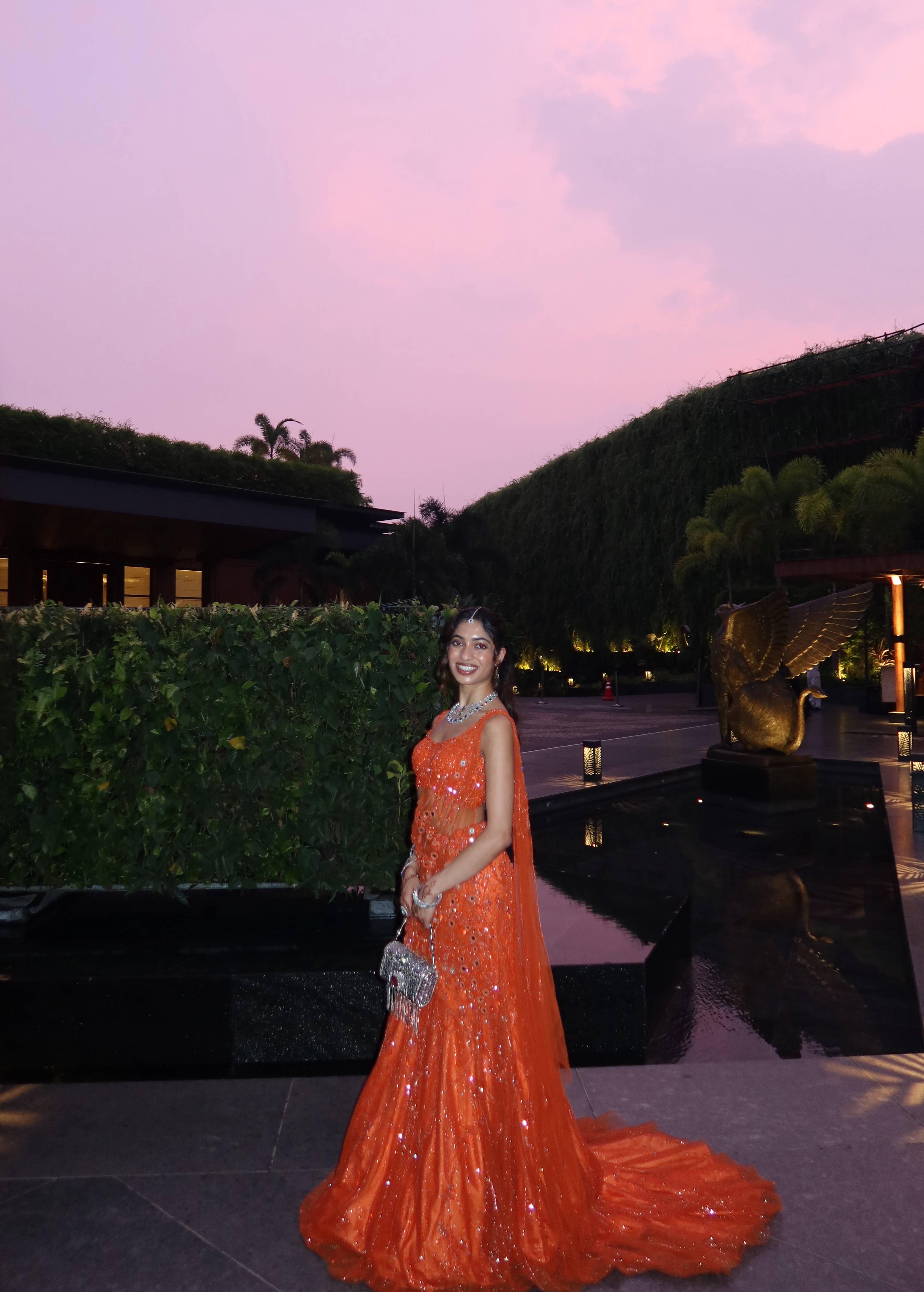 Orange Sequin Pre-Draped Sari Set Image - 3