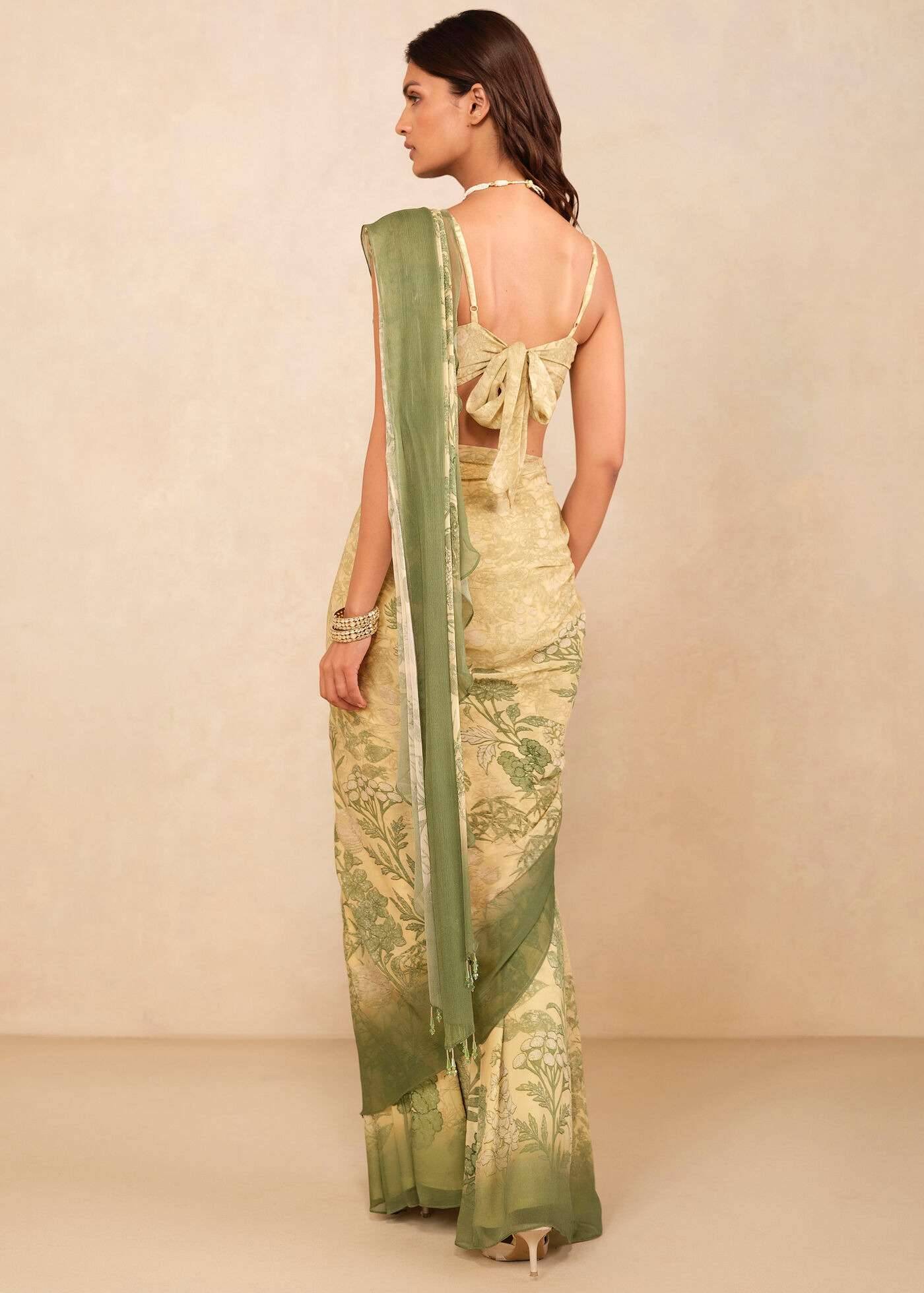 Butter Yellow Sage Floral Printed Sari Image - 1